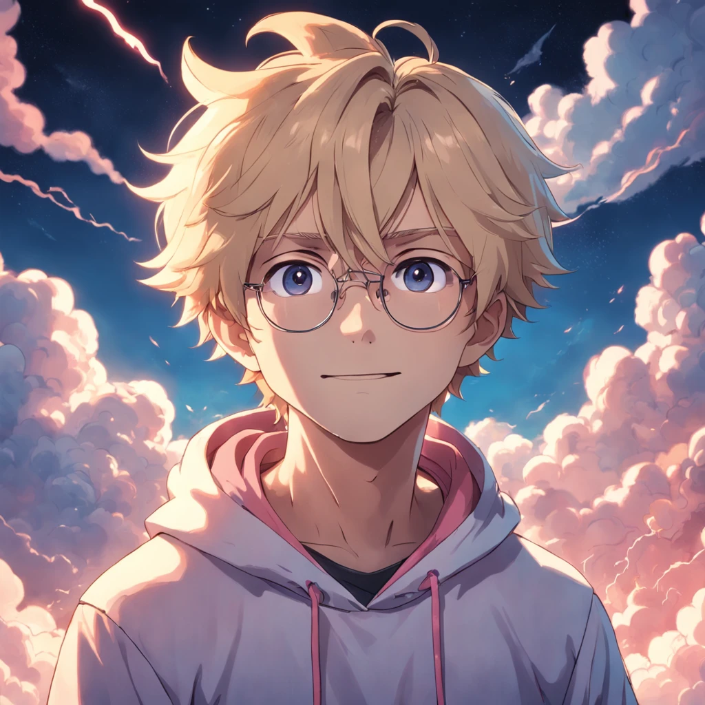 masterpiece, best quality, movie still, 1man, cloud man, floating in the sky, close-up, bright, happy, warm soft lighting, sunset, (sparks:0.7), (male focus:1.2), (cute:1.7), cute man wearing round glasses, looking at the viewer, smiling, wearing a pink hoodie, blue eyes, blond hair