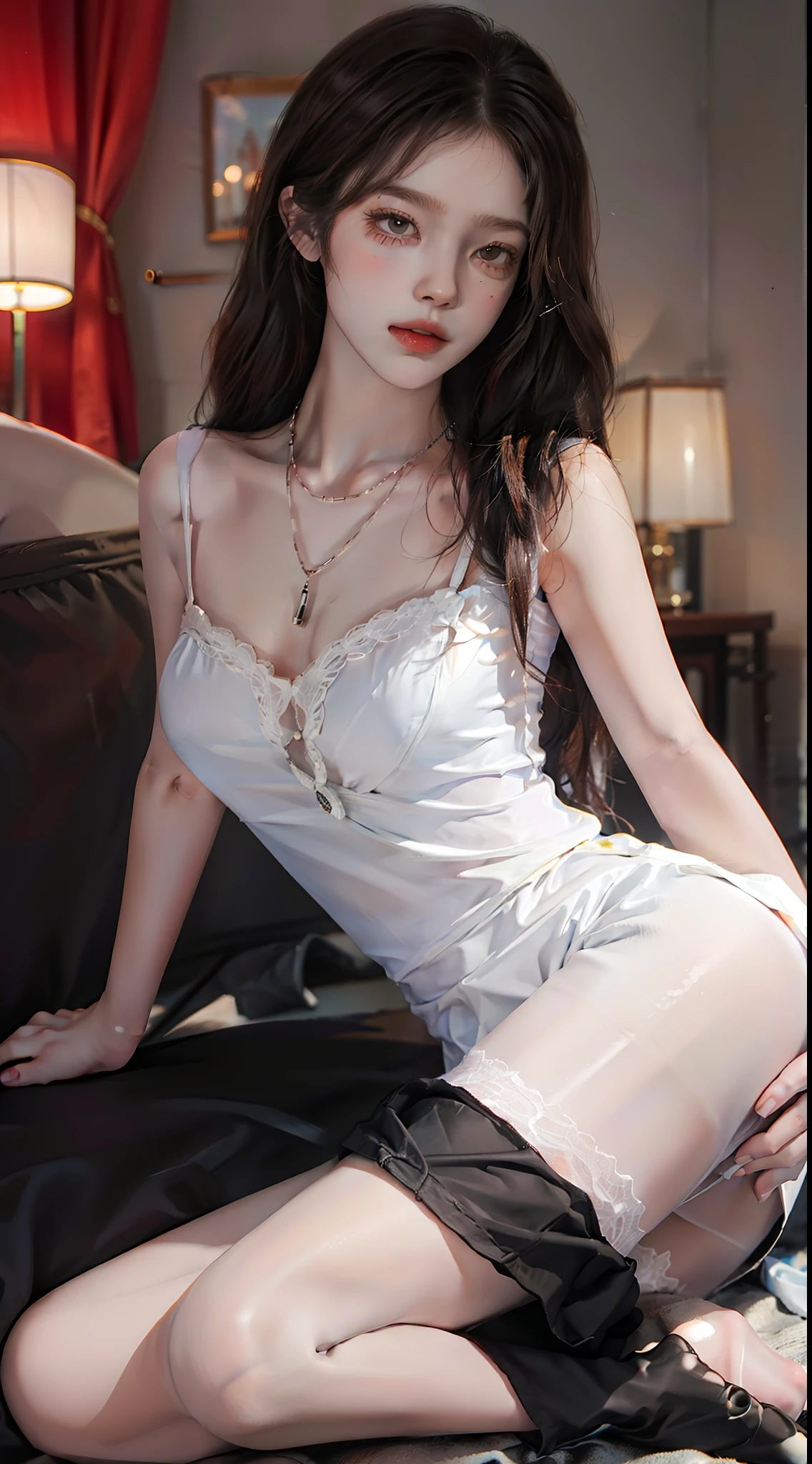 ((Best quality)), ((Masterpiece)), ((Realistic)), I would wear a very revealing white cotton shirt,The first three buttons are completely undone,You can see my snow-white。The hem of my shirt was lifted up and tied up by me,Reveals a flat lower abdomen。
Wear a super short plaid pleated skirt on the bottom,It only covers my buttocks,When I sat down, My fat buttocks were completely exposed。My long legs will be wearing black stockings,On the feet are 8 cm stiletto heels。
Underwear I will wear pure red lace underwear,Outline the seductive curves of my upper circumference。Thong is also made of equally sexy lace,Shoulder strap with bow on the side。
Such clothes are very revealing,It can fully show my plump upper circumference、Thin waist, Hips and long legs。