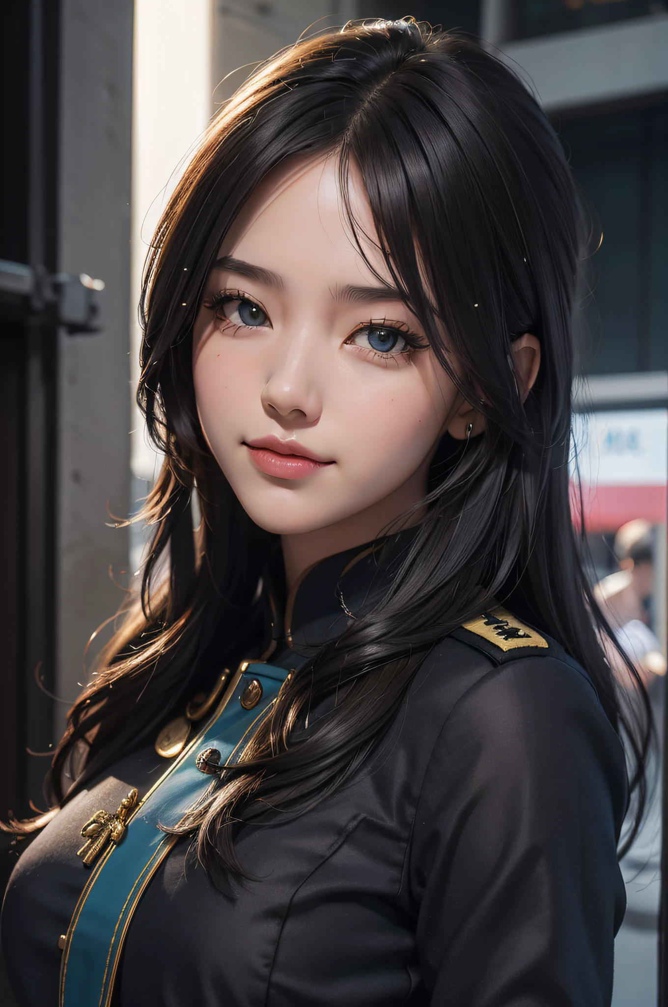 (Hyper-realistic) , (illustratio), (Increase the resolution),(8K), (Most Best Illustration),(extremely detaile), (美丽细致的眼睛),(The face is super detailed), (详细的脸), 独奏,1个Giant Breast Girl, looking at viewert, in the darkness nigth, deep shading, ssmile,cabelos preto e longos，（（（Officer uniform：1.8）））