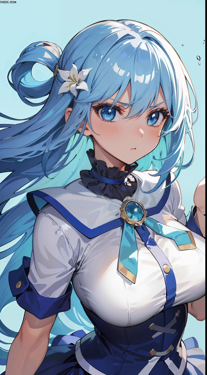 (masterpiece), (best quality), (ultra detailed),(disheveled hair),(illustration), (1girl), (Fashionable clothing), standing, Fashion model, looking at viewer, (interview), (simple background),beautiful detailed eyes, delicate beautiful face, Floating,(high saturation),(colorful splashes),colorful bubble,(shining), focus on face, light blue hair, bangs, hair ring, floating flowers, floating hairs, (shining), best lighting, best shadow, blue eyes, large breast , chubby curvy body, angry blush