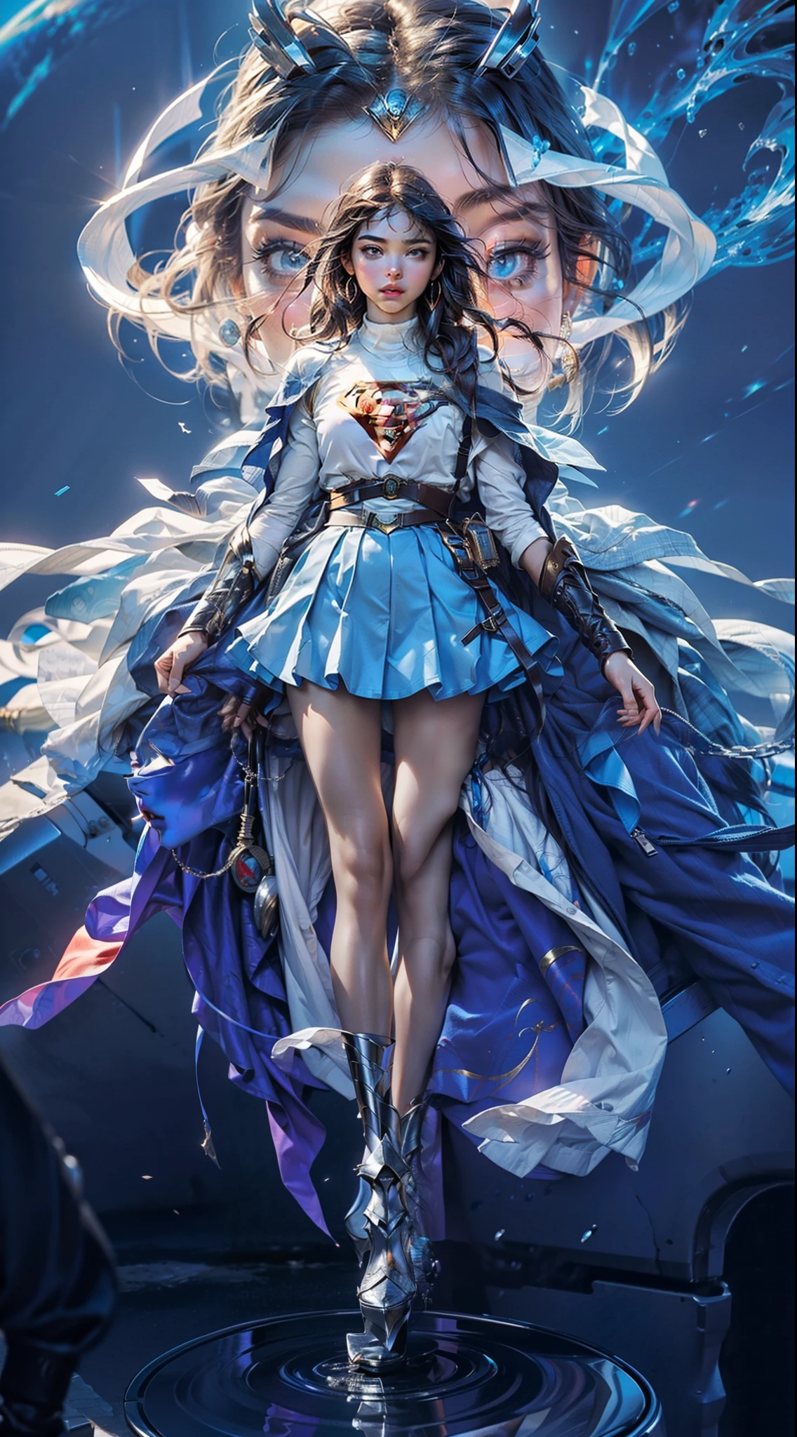 (maximum resolution: 1.2), (Ultra HDTV: 1.2), 8K resolution, Eye and skin detail, detailed facial features, , ( Sharp focus: 1, 2), (Precise focus) facial expression: 1,2), Girl standing , (Supergirl shirt), (long hair), Black hair , Sky, Light, Superman, Supergirl cosplay