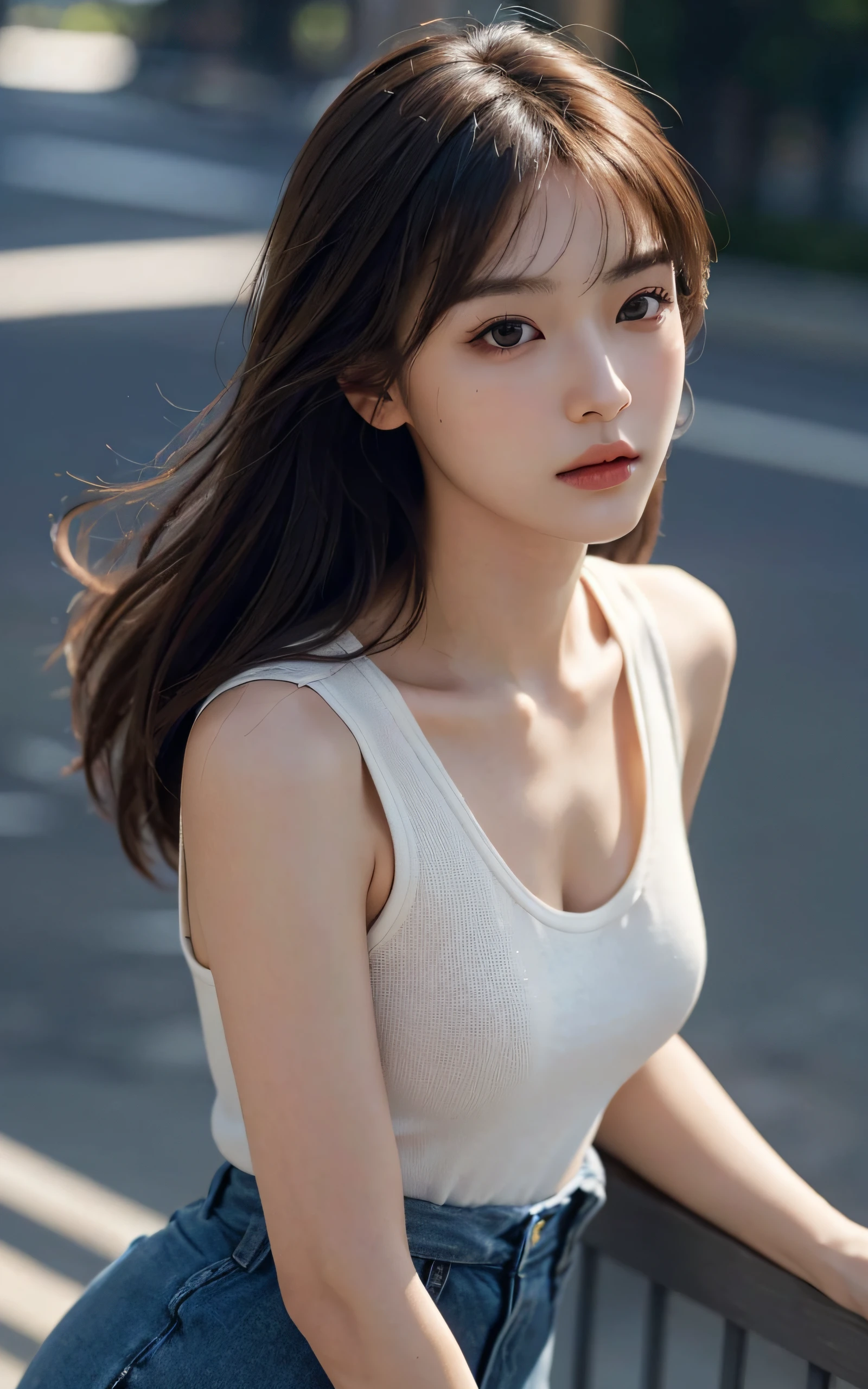 ((best quality, 8K, masterpiece :1.3)), whole body, sharp focus: 1.2, perfect body beautiful: 1.4, slim abs: 1.2, ((dark brown hair, : 1.2)), Tank Top Dress: 1.1, (street: 1.1), Highly detailed facial and skin textures, delicate eyes, double eyelids