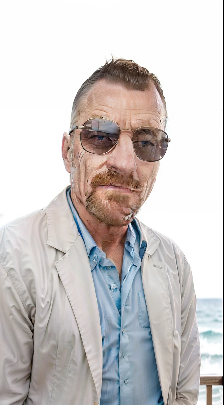 Amidst the vast blue ocean, imagine a scene of elegance. On a polished yacht, a man stands. He wears a white linen suit, tailored perfectly to his form. The suit's jacket is casually open, revealing a light, unbuttoned shirt. His brown leather loafers softly touch the deck. His dark, styled hair ripples in the breeze. With confidence, he walks, fingers brushing the wooden railing. The yacht's gentle motion complements his grace. The sea and sky blend seamlessly, while distant seagull sounds add life. This man exudes sophistication, a symbol of a life lived beautifully on the water.