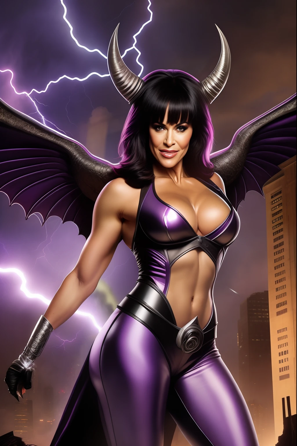 Lisa Ann as a hyper-giant, Hyper-powerful demon with a demon horn on its head and demon wings, and throws purple lightning bolts at a building, ville en ruine post apocalyptique,