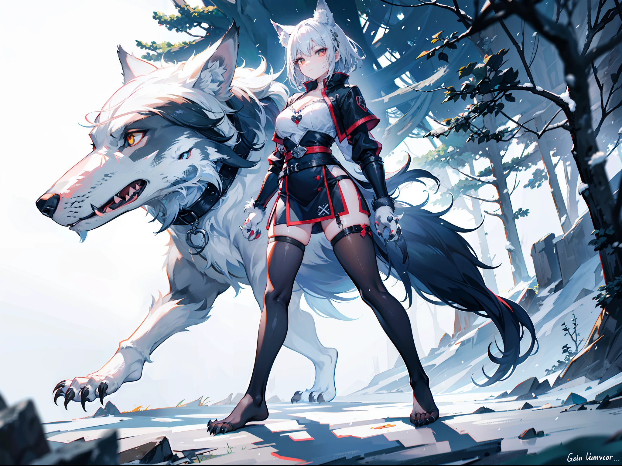 A beautiful girl with half gray hair and half black hair,half-orc,Limbs of a wolf,Wolf tail,Wolf ears,Wolf maiden,Beast Girl,Tsundere expression,Best quality at best,tmasterpiece,High- sharpness,Stand in the icy mountains and forests,Full body photo,A wolf girl with wolf claws,half-orc,short detailed hair,without wearing shoes,Feet are dog paws,Hands are dog paws