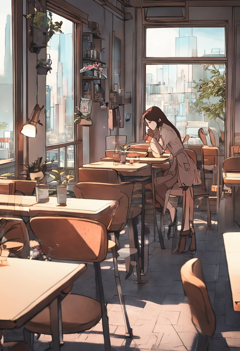 Beautuful Women、Suits、Notework、wears glasses、Brown hair、Maki Nishiyama、A smile、building、cafes