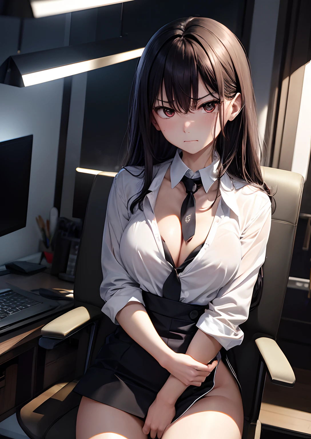 独奏、Frustrated expression、Angry look、a closed mouth、、FULL BODYSHOT、A dark-haired、radiant eyes、Bright pupils、black suits、White collared shirt、（Open Shirt:1.4、neck tie、office space、Office Chair、light Shafts、llight rays、（cleavage of the breast:1.2）、(Open legs:1.3)