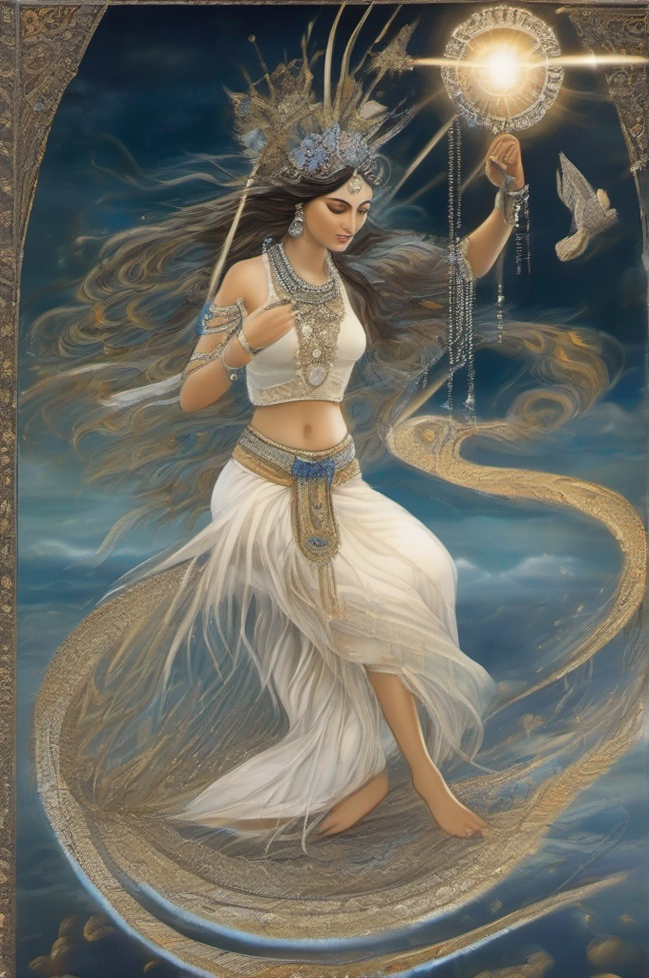 Indian goddess of lust having a bow in hand, drawing arrows of flowers, feathers in end of arrows, white and blue light/halo in a spiral form around arrows, deep cleavge visible, wearing white aprons only on sides of body so that they can hide nipples, and a wide cloth hanging below navel on a golden belt, slim body, slender thighs, divinely glowing skin, a small greek crown of peacock feathers on her head, black long hairs flowing, choker platinum silver thin necklace studded with little diamonds and a big ruby, golden armlets in arms, kinky golden cuffs in wrists, big cute eyes, fair skin, divine glow face, divine aura, an enchanted forest background, leafs flying in autumn wind, colourful flames on tip of arrow, bow of water, gold rings in fingers, mild sunlight on hairs, hairs falling till knees Negative prompt- Ill formed fingers, bad formed limbs