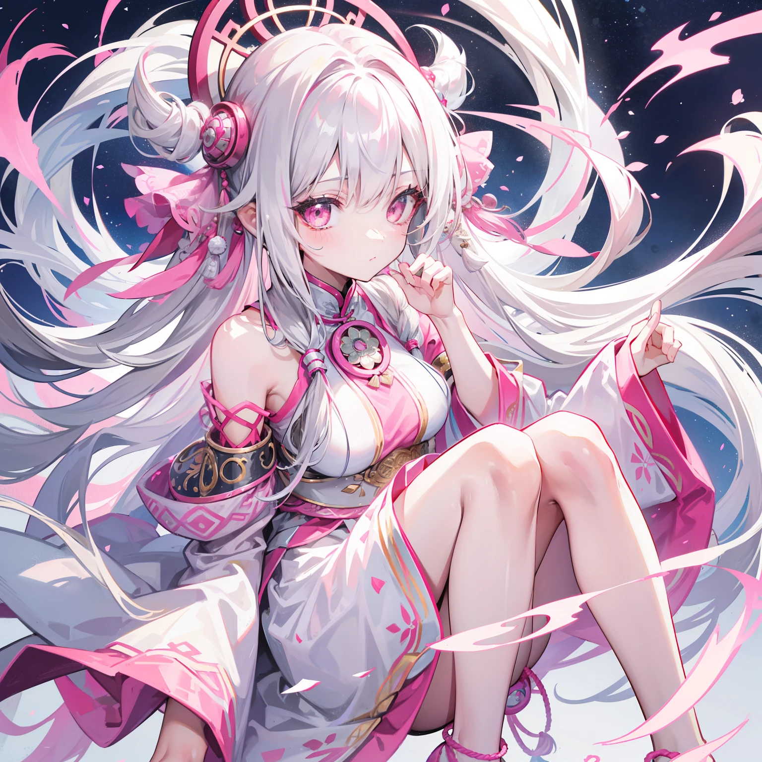 Anime girl with long white hair sitting on a rock - SeaArt AI