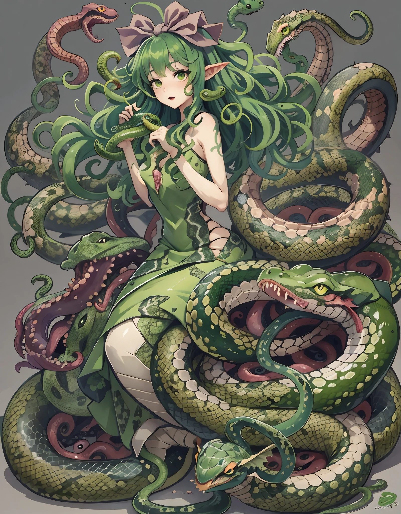 detailed snake skin、Cartoon photo of woman with green dress and green tail、anime monster girl、lamia、Hot reptiles、humanoid woman、tatsumaki with green curly hair、tentacle beasts、Polychaetes、Monster Girl、Snake Pose、Tentacle monsters、detaile。animesque。tentaculata