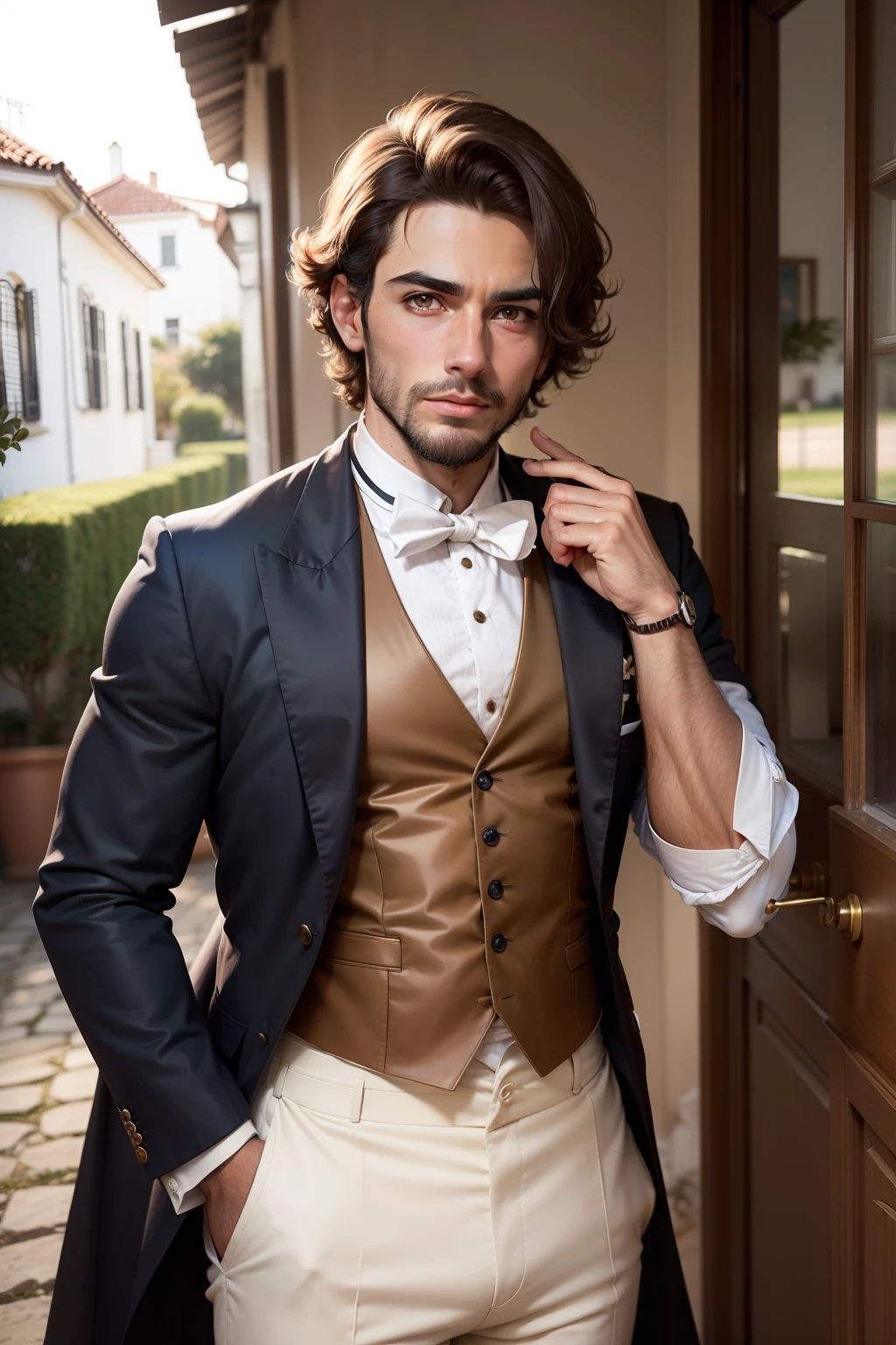 Um rapaz lindo, cerca de 25 anos. Fully dressed in style clothes from the year 1850 and is in a period villa. He has tanned skin and hazelnut eyes, tem uma barba rala bem cuidada e os cabelos pretos levemente desarrumados, maxilar bem definido. Dia ensolarado no vilarejo