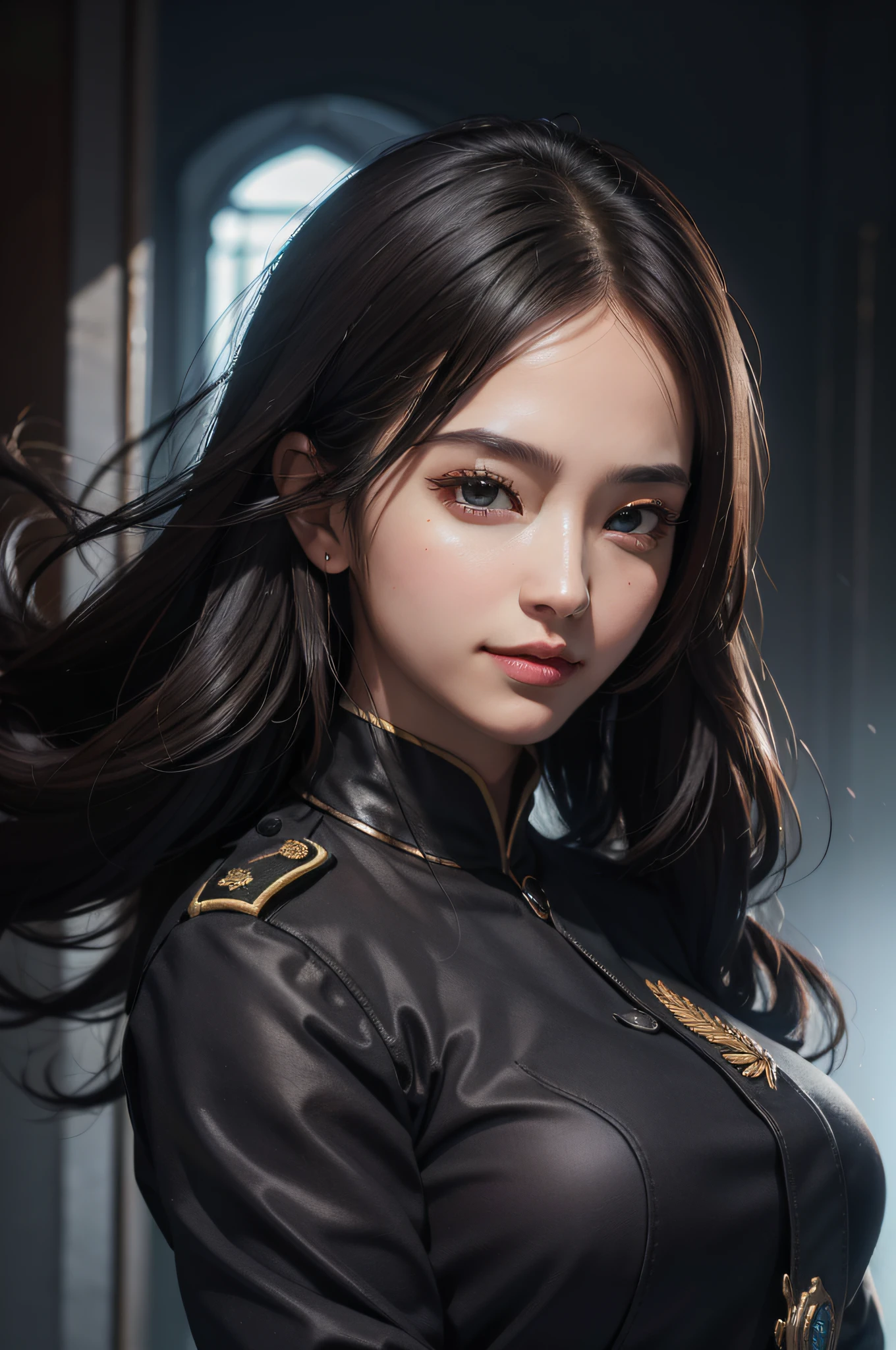(Hyper-realistic) , (illustratio), (Increase the resolution),(8K), (Most Best Illustration),(extremely detaile), (美丽细致的眼睛),(The face is super detailed), (详细的脸), 独奏,1个Giant Breast Girl, looking at viewert, in the darkness nigth, deep shading, ssmile,cabelos preto e longos,(((Officer uniform:1.8)))