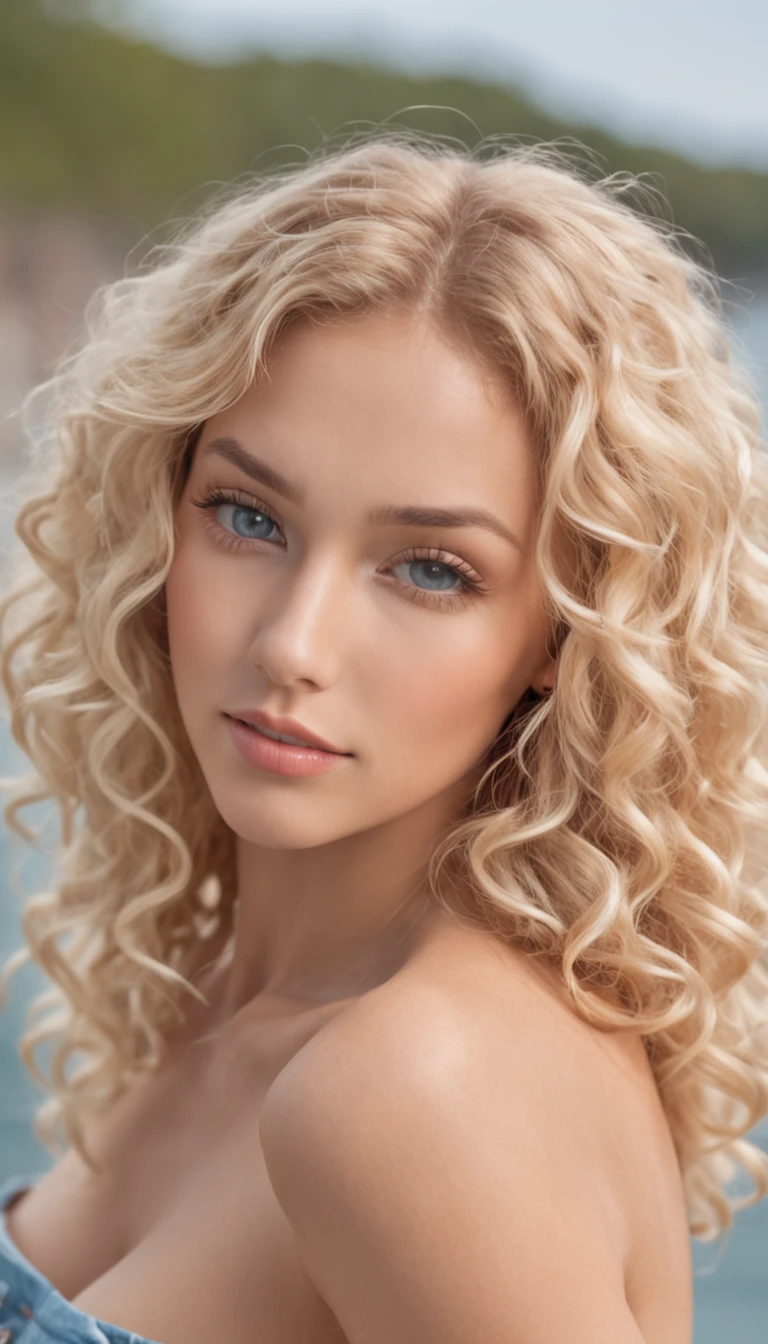 a beautiful blonde woman with curly hair, blue eyes, tanned skin, in summer clothes, on a ship, full body