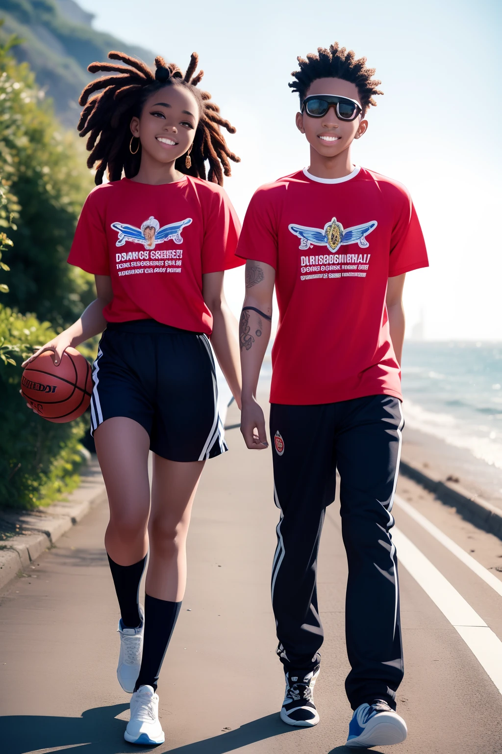 high-level image quality、Contre-Jour、flare lens、Tattoos all over the body、Black American Girl、sixteen years old、Basketball players、Dabo Dabo clothes、Trendy clothing、Multicolored dreadlocks、shairband、Stroll along the coastal street、dynamicposes、resplendent smile、Looking at the camera、full bodyesbian