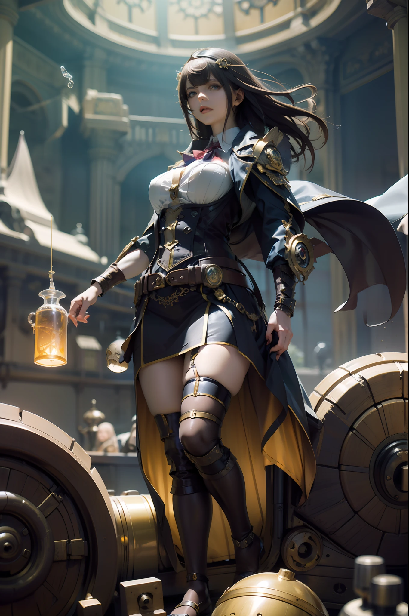 Masterpiece, high resolution, hyper-realistic photography,m, fantasy style, beautiful steampunk women, being in a hot air baloon, immersed in liquid, homunculus, magic circle, steampunk outfit, , perfect beautiful girl, laughting, 3d rendering, perspective, amazing anime illustration, impressive lighting, fantastic, dangerous, monstrous