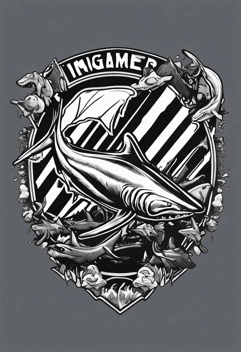 /imagine prompt: shark illustration for a sticker with a black background, in bold outline style, jagged edges, trashcore, light shading --v 5.2