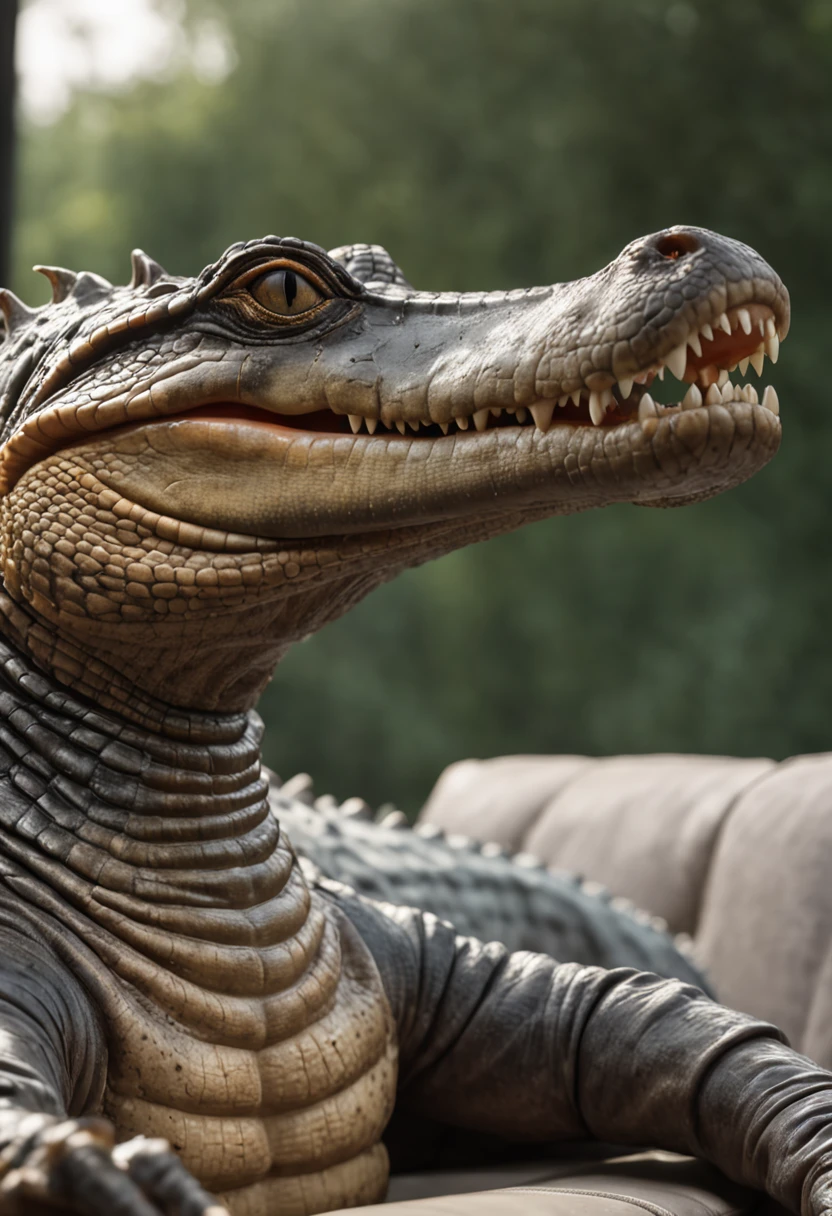 There's a photorealistic alligator sitting quietly and comfortably on a couch with sunglasses on. , imagem de corpo inteiro. on a couch with his mouth open, anthropomorphic alligator, Crocodilo Loki, Sci-Fi Crocodilo , Kinematic, foto de retrato, , foto de crocodilo, Reptiliano, Lagarto, Deus Crocodilo, alligator, alligator shaman, half shark alligator half man, Photographed with Sony Alpha camera 1 beautiful colors