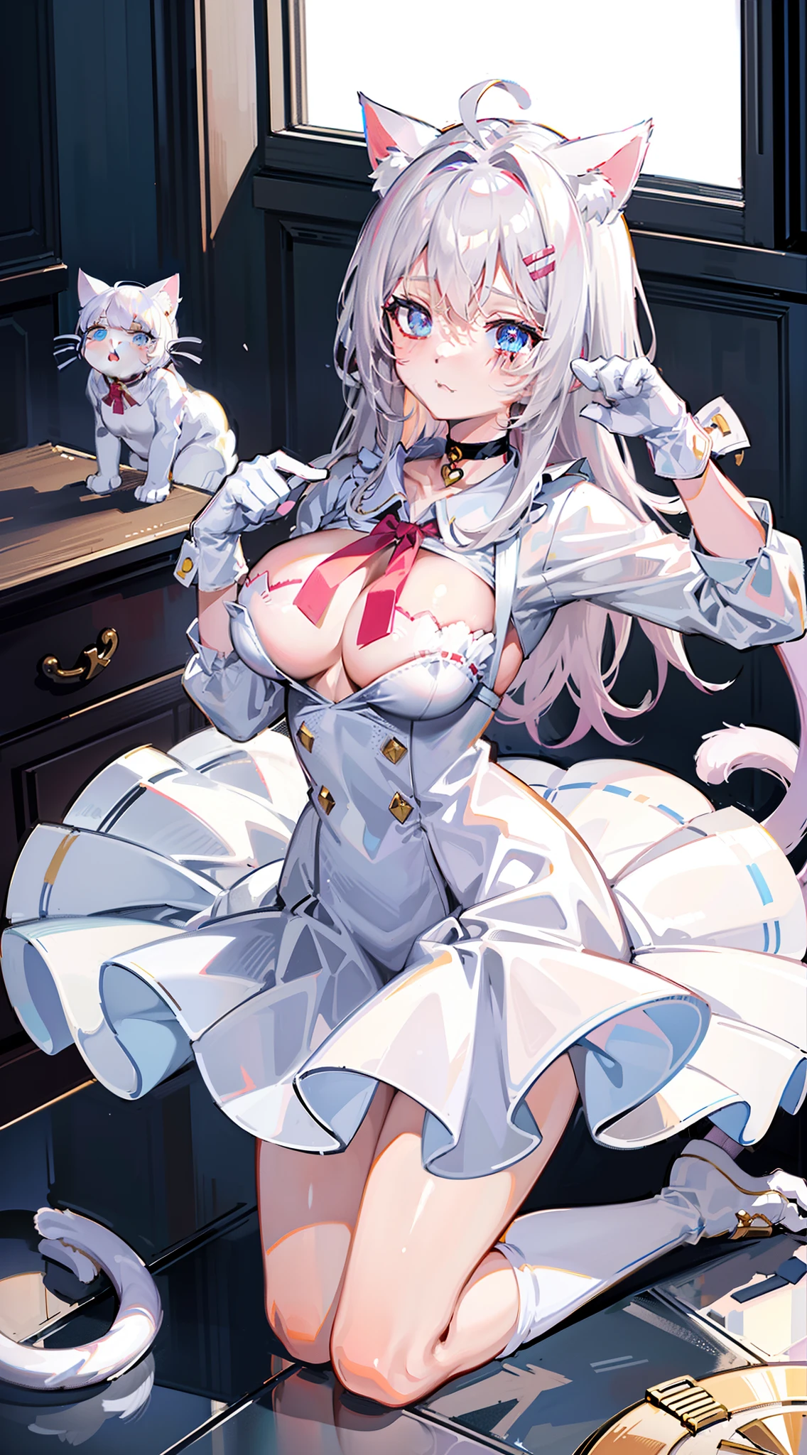 Blush, ((((White color blouse)))), white long boots, (on top of the bed), Kneeling, D-cups, White hair, ahoge, Heart-shaped pupils, blue color eyes, (((((cat ear))))), is shy,White gloves, torogao, Reflectors, Yandere, anime big breast, Chiaroscuro, Ray tracing, shadowing, hyper HD, Masterpiece, Accurate, Anatomically correct, Textured skin, Super detail, High details, High quality, Award-Awarded, Best quality, A high resolution, 16k,(There is love around you),((((Tempting)))),((Get wet,semi transparent)),no extra limbs,((a white choker)),(((Grasp the breasts with both hands,Pornographic))),(((a cat tail))),the maid outfit,adolable