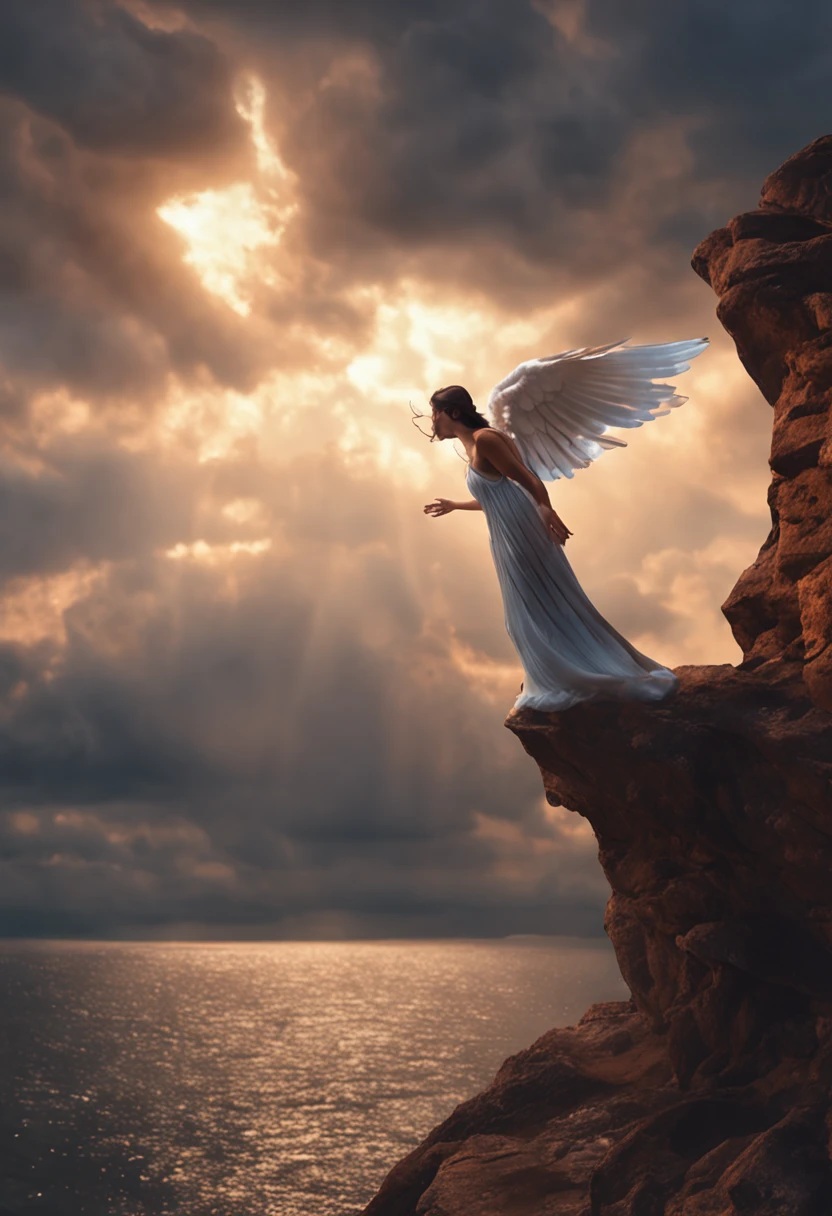 (Professional 3D rendering:1.3) de (Realistic:1.3) Foto de arte mais bonita do mundo,Features angel falling from the soft and bright sky, ((Celestial angel falling from the sky in dynamic pose, fantastic location, majestoso ambiente desordenado)), corpo inteiro 8k unidade render, action shot, poros da pele, very dark lighting, sombreamento pesado, circunstanciado, Rosto detalhado, (vibrante, fotogrdeia realista, Realistic, Dramatic, Escuro, foco nítido, 8k), ((((Use peles)))), (intrincado:1.4), decadente, (altamente detalhado:1.4), pintura digital, rendering by octane, art stations, Conceito-Arte, liso, foco nítido, illustration, germe da arte, (Loish:0.23), Wlop Ilya Kuvshinov, e Greg Rutkowski e Alphonse Mucha Gracias, (global ilumination, studiolight, Light Volumetric), patife, fantasia, Onze, corpo inteiroesbian, ((Fundo escuro e antigo da cidade:1.3)),CGSesociedade,art stations