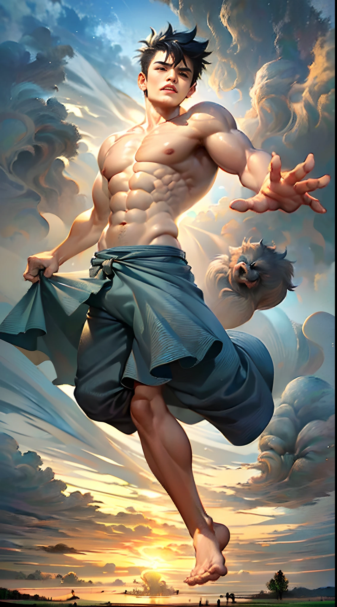 A man, with a Chinese face, is a giant, holding the sky with both hands and stepping on the earth with his feet. His upper body is naked, muscular, and he is wearing a pants skirt made of leaves. The sky is very blue, with many dark clouds. The sunlight passes through the dark clouds, shining on the giant's face, and the earth is dry and cracked.