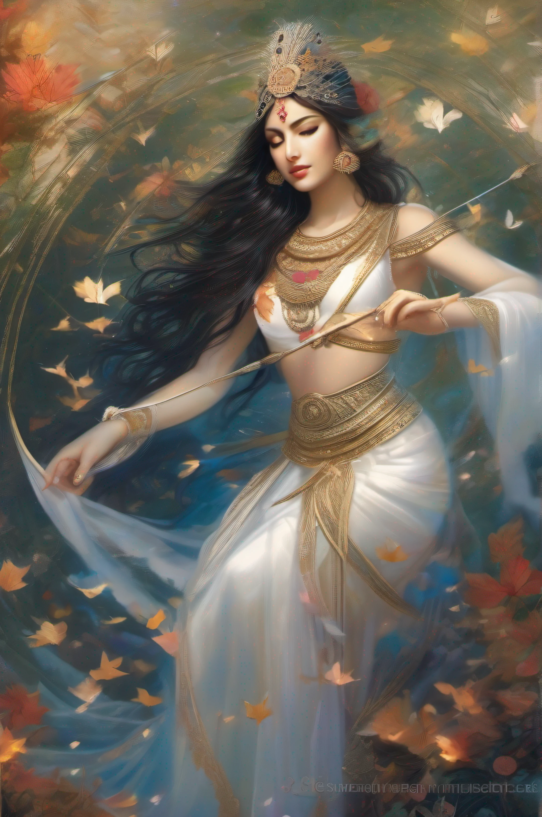 Indian goddess of lust having a bow in hand, drawing arrows of flowers, feathers in end of arrows, white and blue light/halo in a spiral form around arrows, deep cleavge visible, wearing white aprons only on sides of body so that they can hide nipples, and a wide cloth hanging below navel on a golden belt, slim body, slender thighs, divinely glowing skin, a small greek crown of peacock feathers on her head, black long hairs flowing, choker platinum silver thin necklace studded with little diamonds and a big ruby, golden armlets in arms, kinky golden cuffs in wrists, big cute eyes, fair skin, divine glow face, divine aura, an enchanted forest background, leafs flying in autumn wind, colourful flames on tip of arrow, bow of water, gold rings in fingers, mild sunlight on hairs, hairs falling till knees, beautiful face, beautiful well shaped limbs and fingers