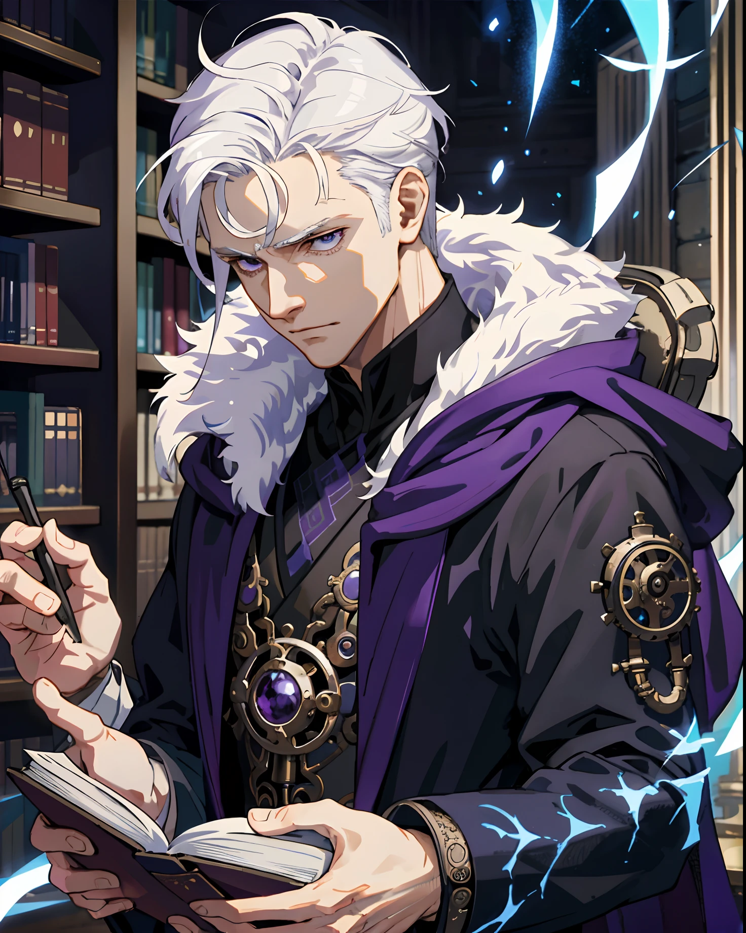 masterpiece, best quality, adult, tall muscular, handsome intricate details, white hair, (style-swirlmagic:1.0), looking down, upper body, detailed background, detailed face, (steampunk theme:1.1) evil sorcerer, color magical robes, determined expression, purple color scheme, summoning circle, bookshelves, glowing magical runes, dark atmosphere, shadows, realistic lighting, floating particles, sparks, surrounded by blue lightning red arcane symbols, corrupted by eldritch power, bloom, romantic, couple