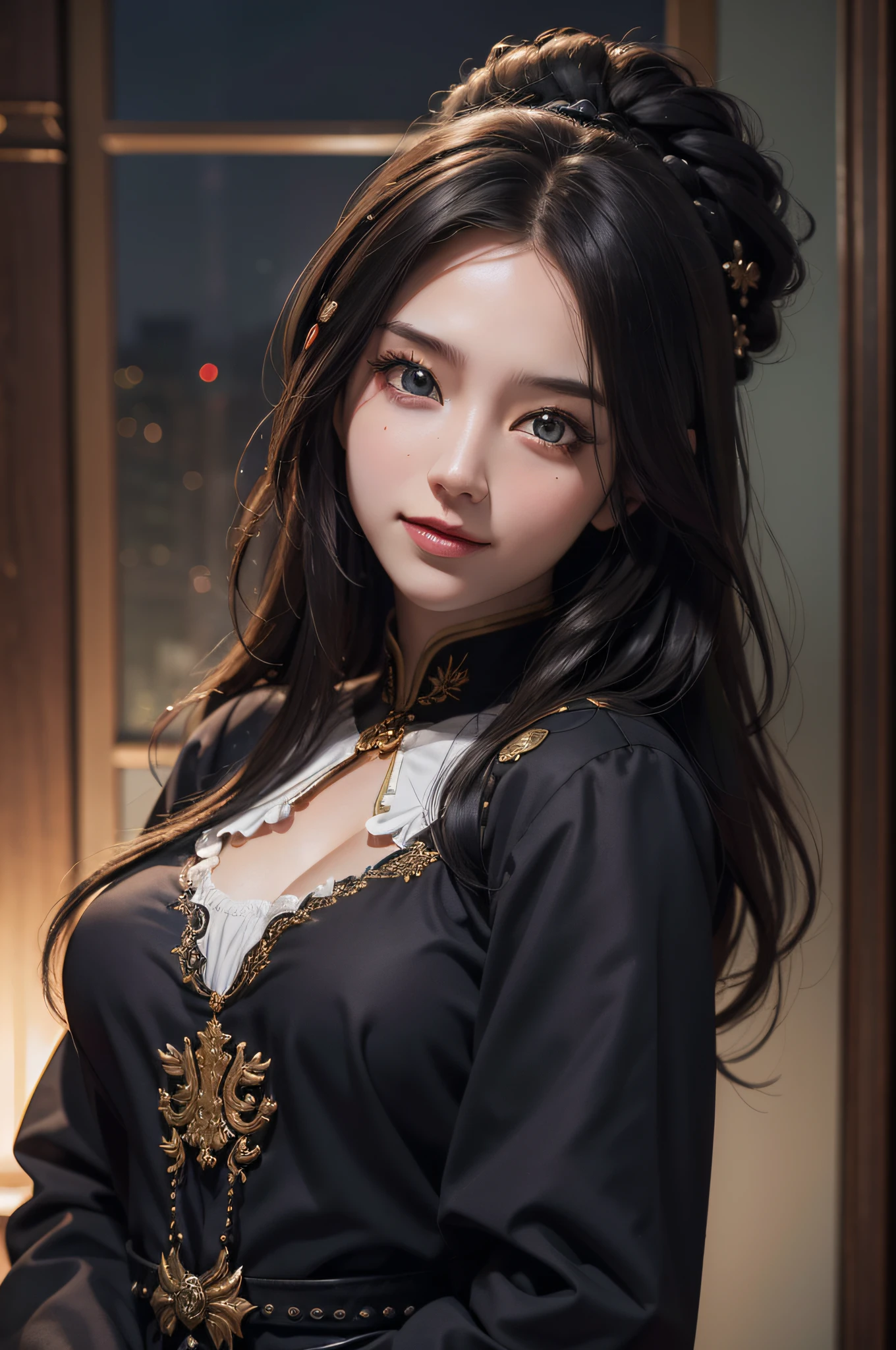 (Hyper-realistic) , (illustratio), (Increase the resolution),(8K), (Most Best Illustration),(extremely detaile), (美丽细致的眼睛),(The face is super detailed), (详细的脸), 独奏,1个Giant Breast Girl, looking at viewert, in the darkness nigth, deep shading, ssmile,cabelos preto e longos,(((Russian women's uniform:1.8)))