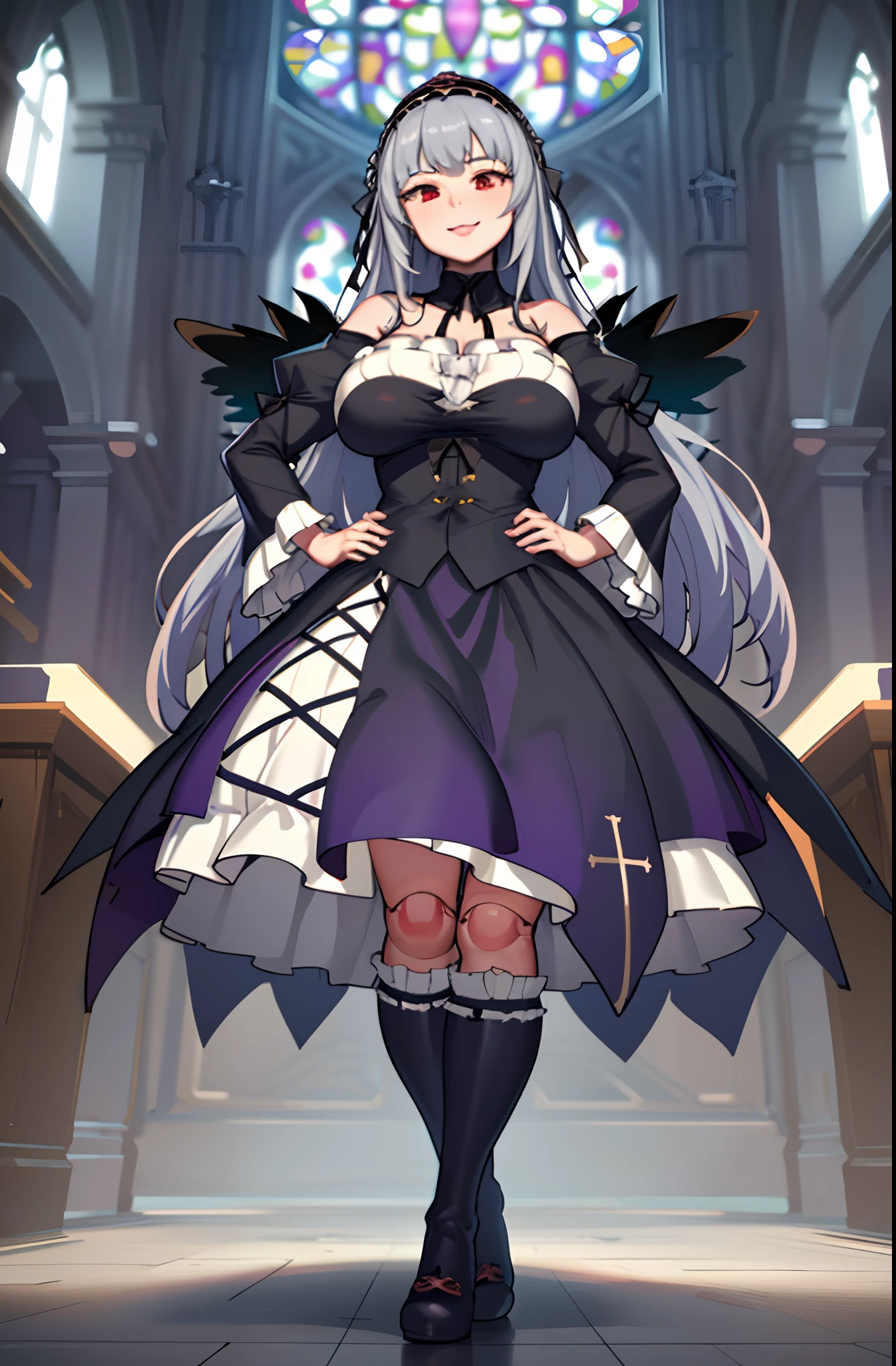 (masterpiece, best quality, detailed, highres), 1girl, solo, indoors, church, stained glass, window, sunlight, hand on hip, evil smile, from below, looking at viewer, suigintou, XXXXXX fashion, XXXXXX hairband, black dress, frills, black wings, knee boots, detached collar, cross, juliet sleeves, cross-laced dress, doll joints <lora:SuigintouV4_1-000014-, full body ,boots,hugebreast, boots