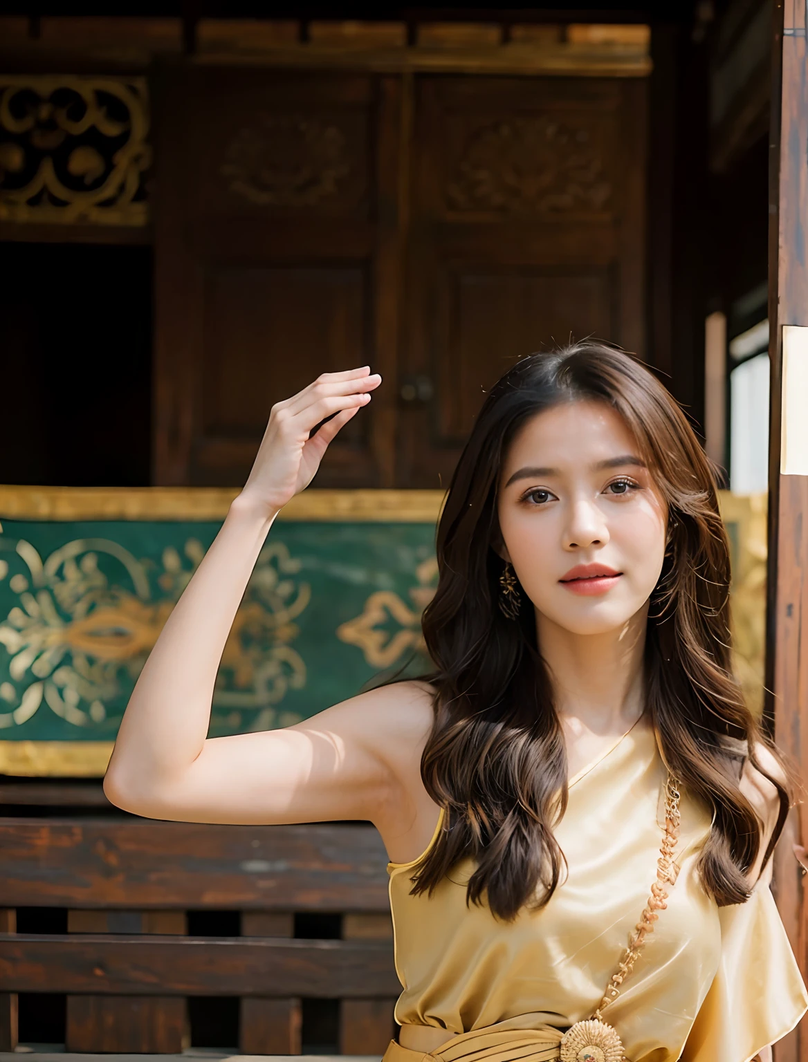 (10,masterpiece,There's nothing wrong with it., Realistic :1.3), bestquality, portrait , Realistic, face focus, 1 woman, brown long hair, Traditional Thai costume , ( comfortable:1.2), temple background, (breeze:1.2),(sun lighting:1.2)