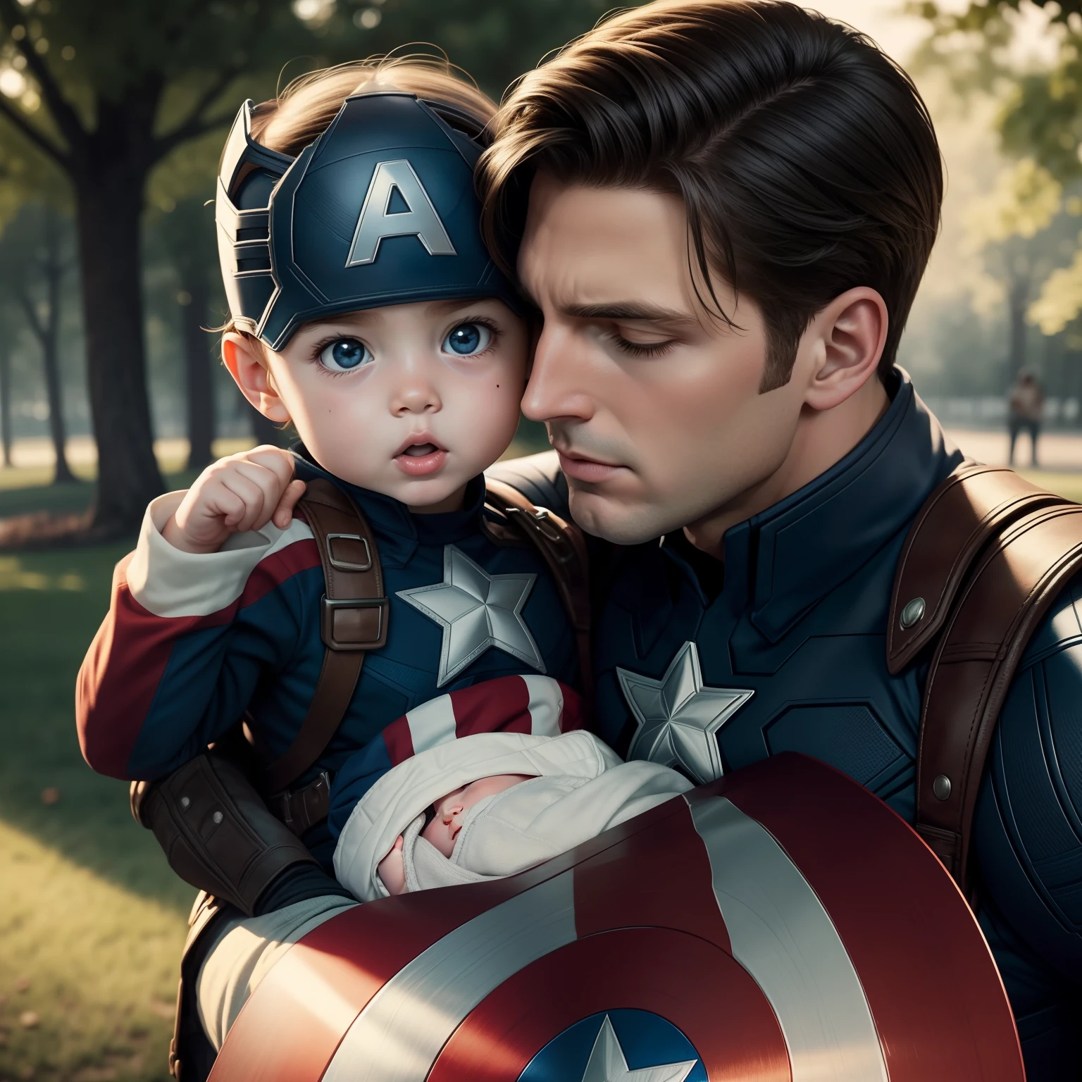 a heartwarming scene of Captain America with 1 baby, Captain America in a gentle and nurturing pose, holding a baby with care and warmth, realism, facial expression and the innocence of the baby, idyllic and peaceful setting, a park with an American flag in the background, soft and warm lighting, close-up, 135mm+ camera lens, intricate detail,