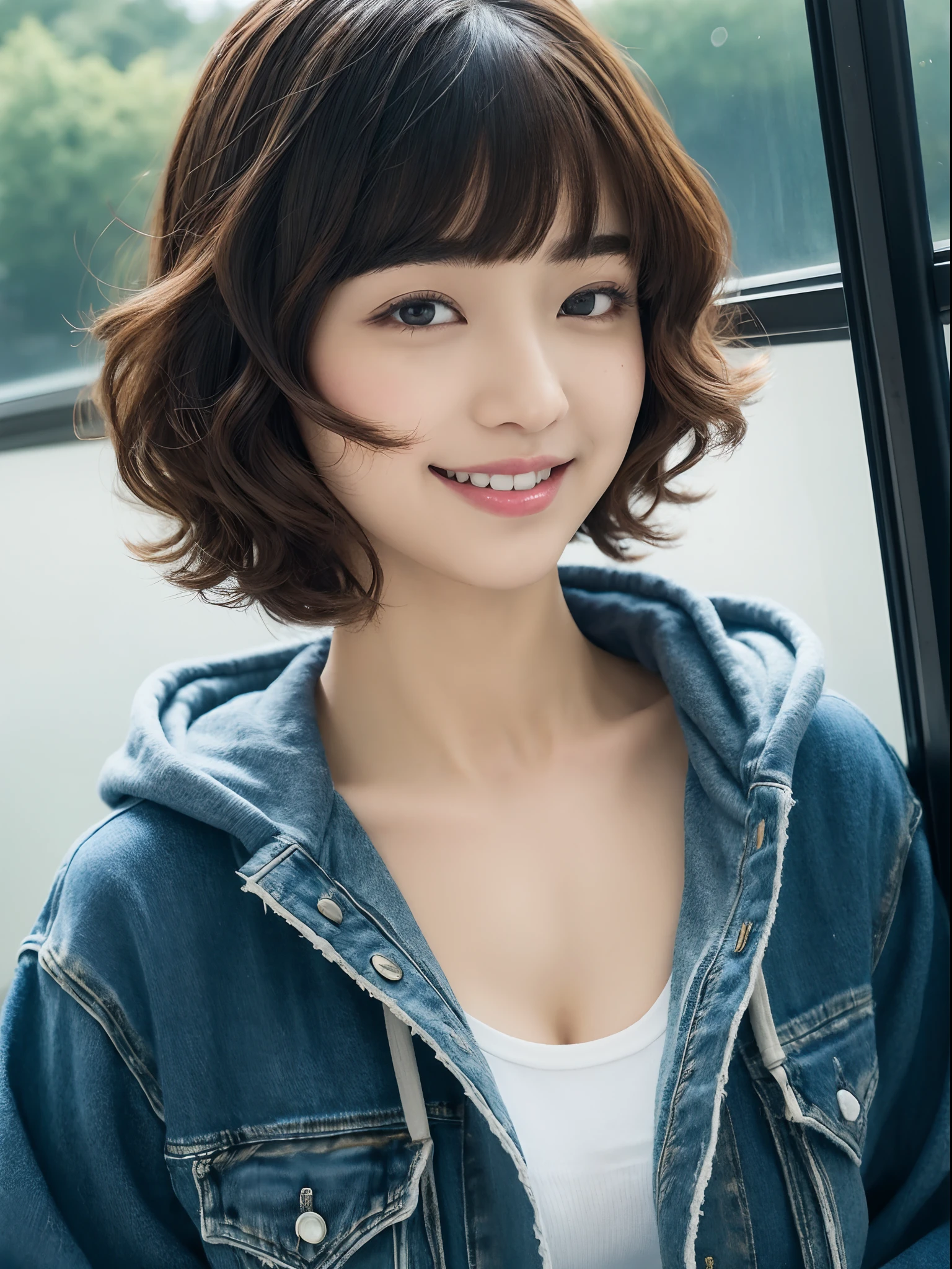 Top image quality, 8K, masutepiece, studio shoot, Japan Girl(sixteen years old), kawaii, From  above, 二重まぶた, thick eyebrow, Teardrops, full bodyesbian, frontage,  Grey hoodie on jacket, large full breasts, Denim hot pants, light_Smile, A dark-haired, Curly bob cut hairstyle, The background is a train,