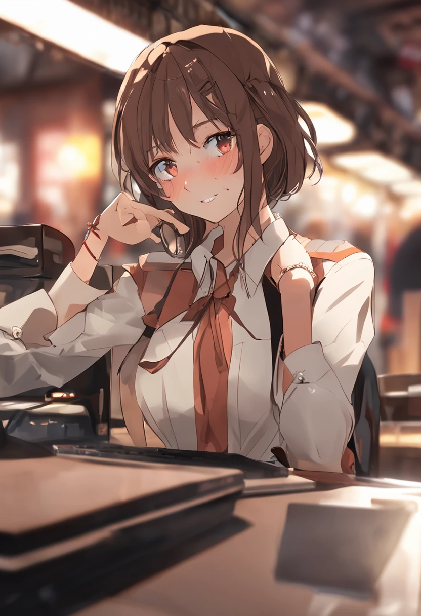 Beautuful Women、suits、personal computers、wears glasses、Brown hair、Maki Nishiyama、A smile、building、cafes