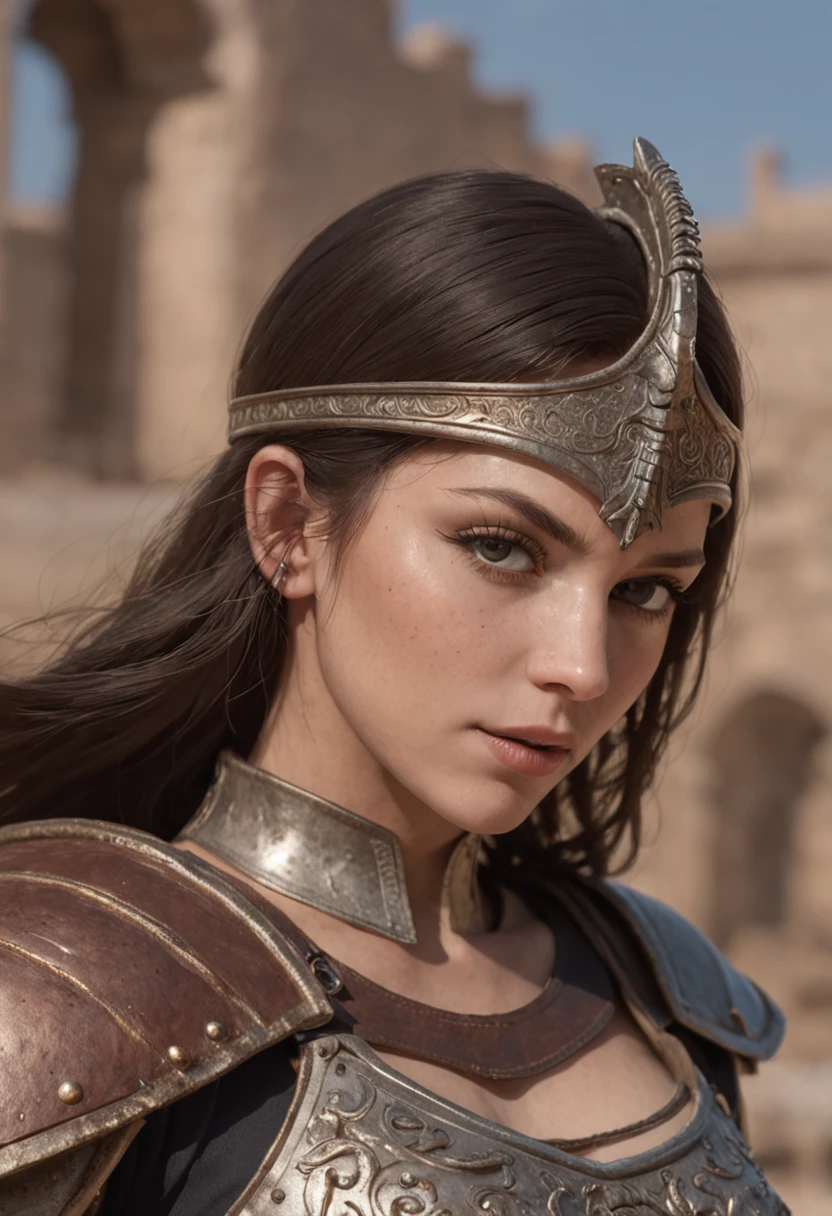 "(Accurately rendered lateral view:1.2, 1 female warrior, butt visible, intricate anatomical details:1.1, beautiful detailed mediterranean face, exposed armor, stunning beauty, parted lips, dynamic pose, Roman gladiator attire, enhanced level of detail:1.3)"