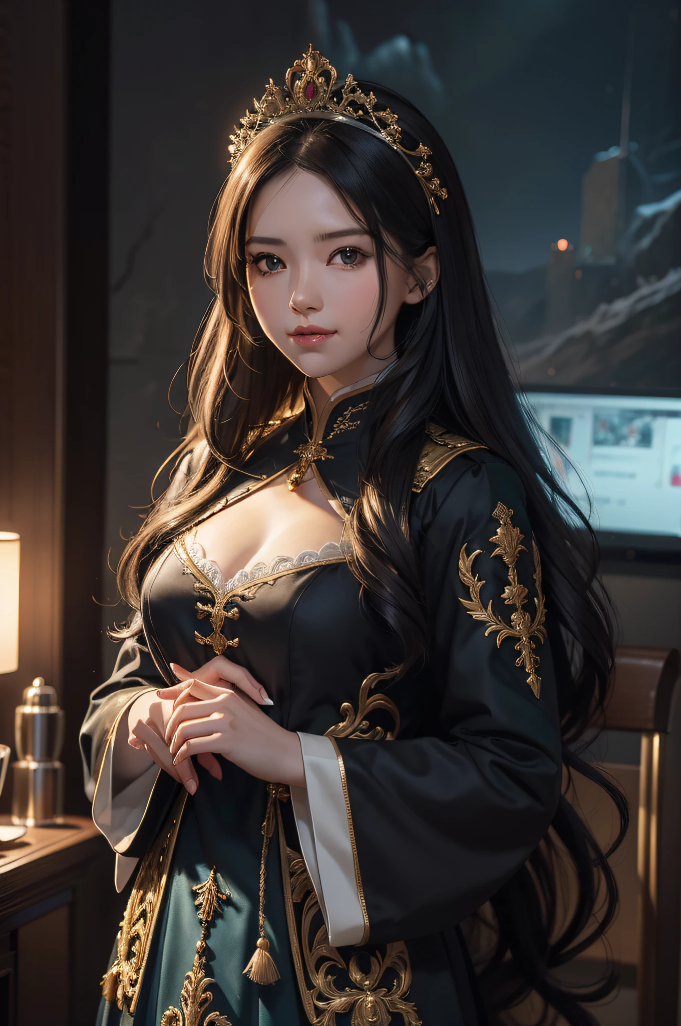 (Hyper-realistic) , (illustratio), (Increase the resolution),(8K), (Most Best Illustration),(extremely detaile), (美丽细致的眼睛),(The face is super detailed), (详细的脸), 独奏,1个Giant Breast Girl, looking at viewert, in the darkness nigth, deep shading, ssmile,cabelos preto e longos,(((Russian women's uniform:1.8)))