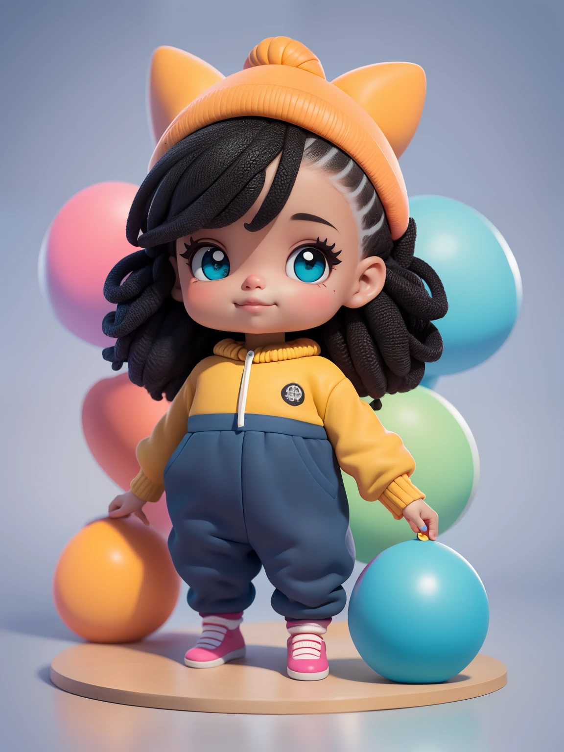 (obra-prima), (melhor qualidade), (ultra-detalhado), (corpo inteiro: 1.2) baby menina negra bonita e fofa, tema circus, capuz, moletom colorido, Knitted jumpsuits, Pants, jaqueta, blusa, sorriso claro, corpo inteiro, :3, fundo tom pastel , colorido e simples.