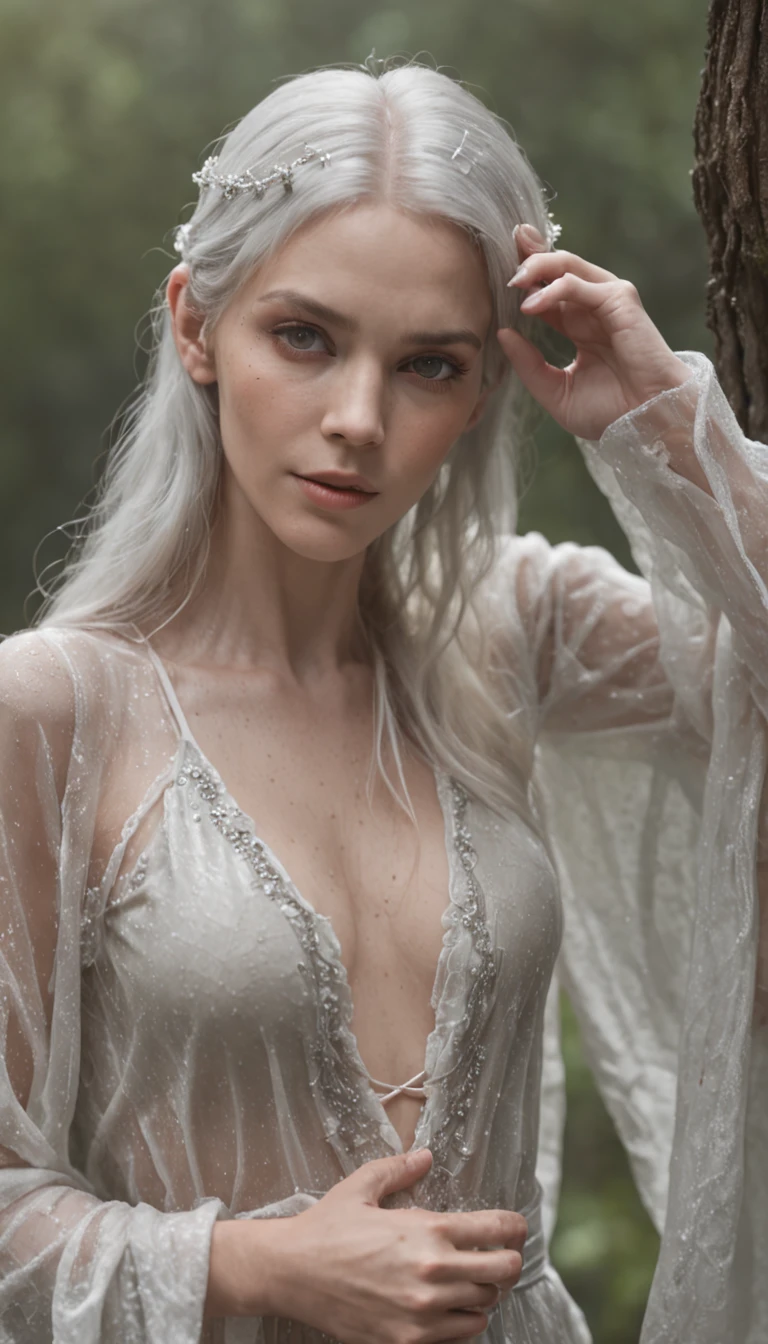 (Master Part, High Resolution:1.5), (Photoshoot in the Enchanted Forest:1.2), (Heavy rains, creating a magical environment:1.2), (Silver-haired elven maiden:1.2), (shiny, damp hair and body:1.2), (white blouse, tight-fitting her figure:1.2), (Natural & Casual Beauty:1.2), (Exuding unearthly grace:1.2), (Raindrops, emphasizing his delicate features:1.2), (subtle sensuality in his attire;:1.2), (translucent blouse, open and seductive:1.4), (A confident and comfortable body:1.2), (Feminine curves, accentuated by sloppy thongs:1.5), (Sensual and captivating charm:1.2), (Angle lens, fixing his striking presence:1.2), (soft, Warm sunlight, Breaking through the rain:1.2), (creating a magical and ethereal glow:1.2), (The elven sorceress is immersed in nature:1.2), (A serene expression on his face in the midst of a storm:1.2), (awakening a sense of calm and mystery:1.2), (Close connection with the elements:1.2), (Celebrating the beauty of the natural world:1.2), Filmic, hyper-detailing, insane details, Beautifully colored, unreal-engine, Depth of field, extra high resolution, megapixel, Cinematic Lightning, Smoothing, FKAA, TXAA, RTX, SSAO, postprocessed, Post Production, Tone Mapping, ..CGI, vfx, SFX, insanely detailed and intricate, Hyper maximalist, hyper realistic, volumetric, Photorealistic, Ultra Photoreal, overdetalization, intricate detials, 8K, Super detailed, coloration, voluminous lighting, HDR, Realistic, unreal-engine, 16k, Sharp focus, Octane rendering