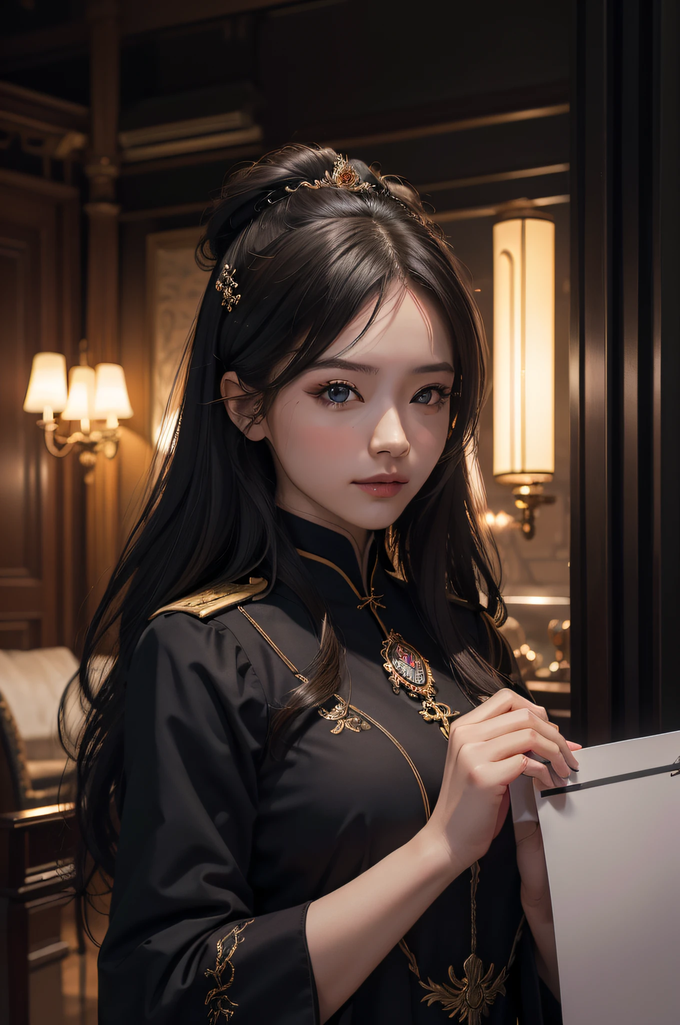 (Hyper-realistic) , (illustratio), (Increase the resolution),(8K), (Most Best Illustration),(extremely detaile), (美丽细致的眼睛),(The face is super detailed), (详细的脸), 独奏,1个Giant Breast Girl, looking at viewert, in the darkness nigth, deep shading, ssmile,cabelos preto e longos,(((Russian women's uniform:1.8)))