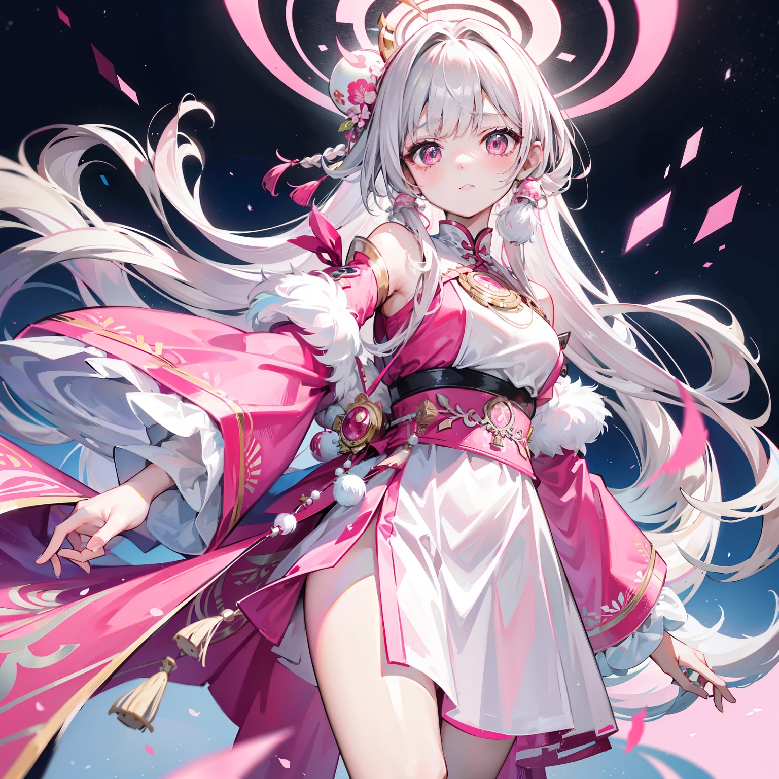 Long hair with silver-pink gum,Ethnic costumes worn with pink and white of Miao silver ornaments,Looks a little bleak and idiotic,Essentially smart,She is a sweet beautiful girl