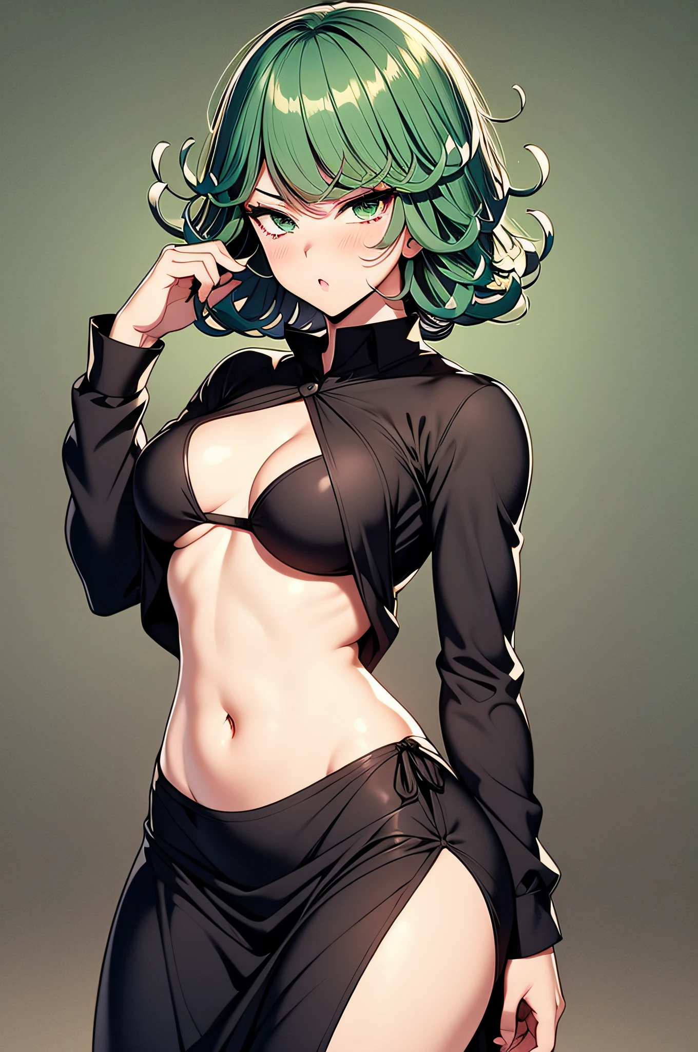 Tatsumaki, 1girl, solo, green eyes, green hair, breasts, small breasts, nipple protrusion: 2.0, curly, black dress, look at viewer, covered navel, simple background, long sleeve, dress, thighs, mouth closed, high leg, inverted hair, blush, bangs, short hair, medium hair, cowboy shot, highest quality, high resolution.