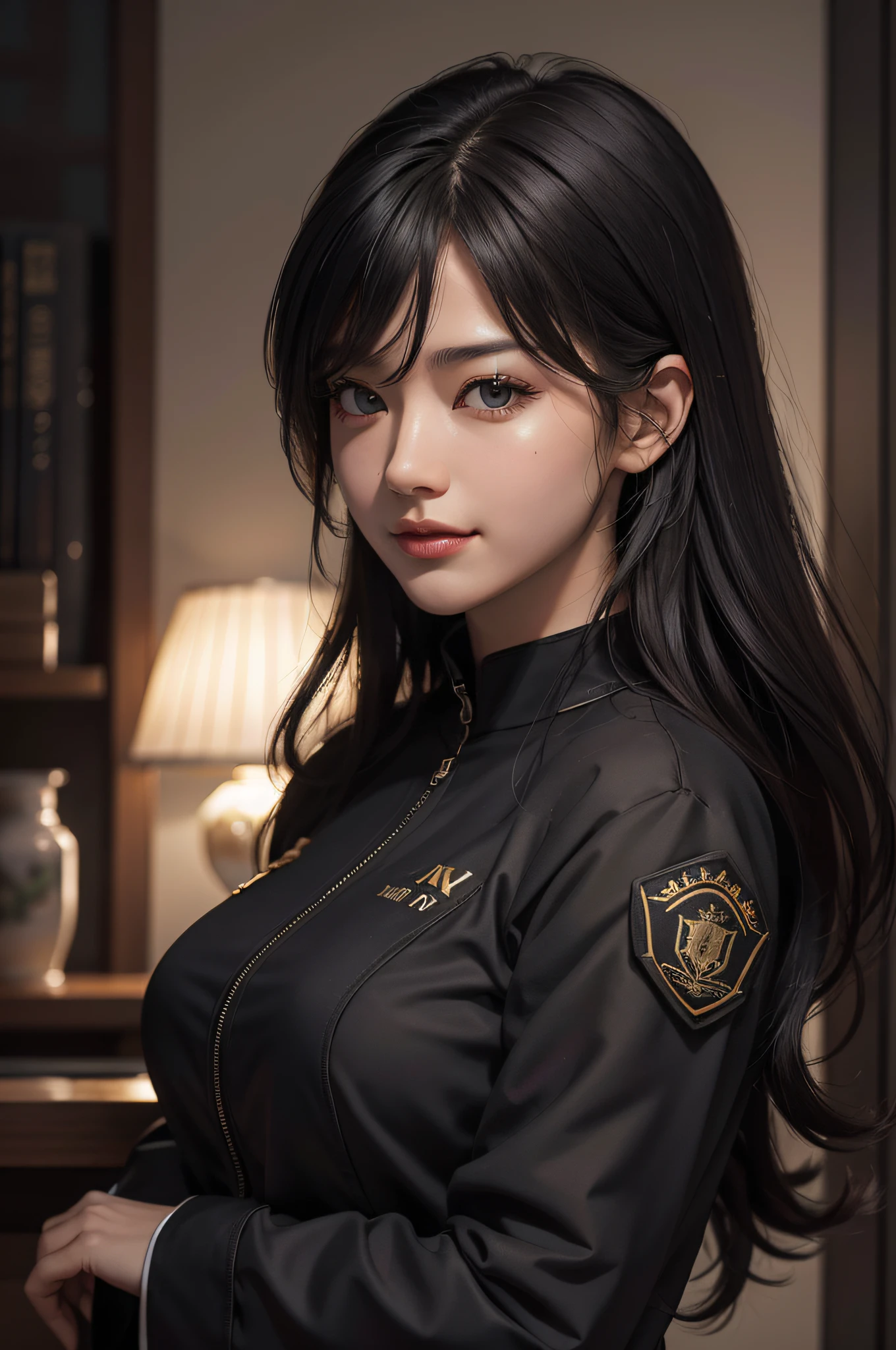 (Hyper-realistic) , (illustratio), (Increase the resolution),(8K), (Most Best Illustration),(extremely detaile), (美丽细致的眼睛),(The face is super detailed), (详细的脸), 独奏,1个Giant Breast Girl, looking at viewert, in the darkness nigth, deep shading, ssmile,cabelos preto e longos，（（（Black SWAT uniform：1.8）））