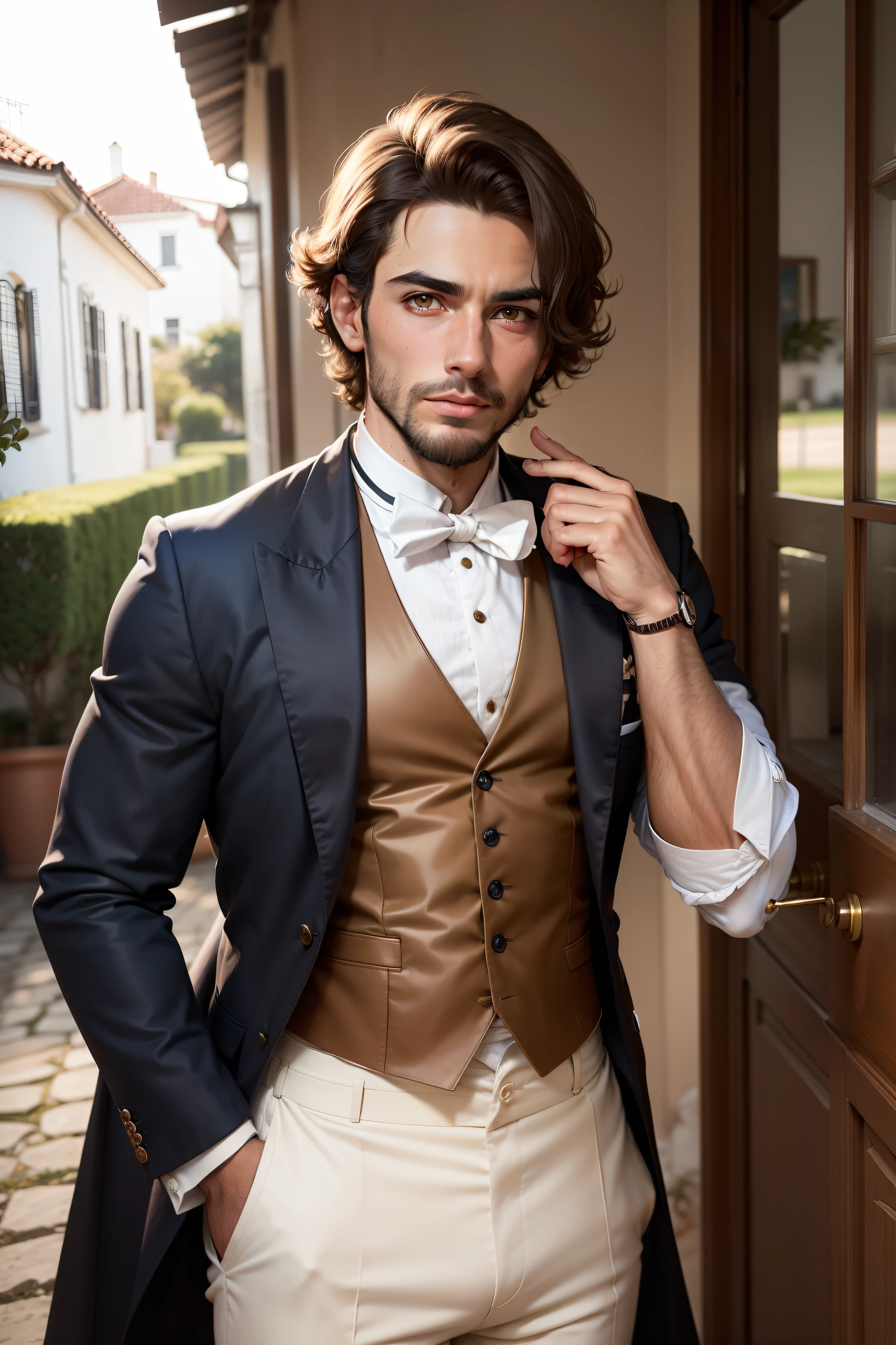Um rapaz lindo, cerca de 25 anos. Fully dressed in style clothes from the year 1850 and is in a period villa. He has tanned skin and hazelnut eyes, tem uma barba rala bem cuidada e os cabelos pretos levemente desarrumados, maxilar bem definido. Dia ensolarado no vilarejo