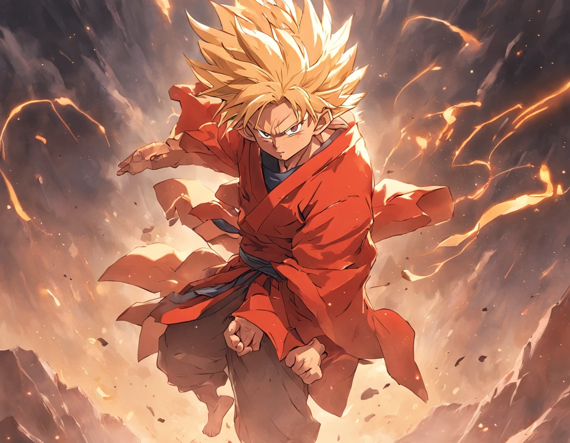 （（Goku is half-brittle standing at the top of the mountain range），（Holding a wishful stick in his right hand），（Golden Hoop Stick），（The red cloak floats high）），The body hangs low，Shoulders pulled down，Expressions of frustration and disappointment，His suit was tattered，Hair is messy and messy，The eyes lost their previous firmness and courage，Full of loss and helplessness，The battlefield in the background is dilapidated，Smoke and dust filled the air，It is filled with an air of sadness and destruction，Goku's decadence and frustration after his defeat，Make people feel his loss and helplessness，Holding a long golden stick，Anthropomorphic male monkey man with golden hoop stick，son goku、Wukong，Very beautiful anthropomorphic monkey，Blonde hair，vfx, SFX, insanely detailed and intricate, hyper-maximalist, Ultra photo realsisim, volumetr, Photorealistic, The ultra-realistice, Ultra-detailed, Intricate details, Super detailed, Full color, Volumetric lightning, hdr, Realistic, illusory engine, 16k, Sharp focus, rendering by octane