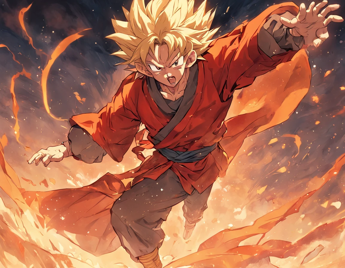 ((Goku is half-brittle standing at the top of the mountain range),(Holding a wishful stick in his right hand),(Golden Hoop Stick),(The red cloak floats high)),The body hangs low,Shoulders pulled down,Expressions of frustration and disappointment,His suit was tattered,Hair is messy and messy,The eyes lost their previous firmness and courage,Full of loss and helplessness,The battlefield in the background is dilapidated,Smoke and dust filled the air,It is filled with an air of sadness and destruction,Goku's decadence and frustration after his defeat,Make people feel his loss and helplessness,Holding a long golden stick,Anthropomorphic male monkey man with golden hoop stick,son goku、Wukong,Very beautiful anthropomorphic monkey,Blonde hair,vfx, SFX, insanely detailed and intricate, hyper-maximalist, Ultra photo realsisim, volumetr, Photorealistic, The ultra-realistice, Ultra-detailed, Intricate details, Super detailed, Full color, Volumetric lightning, hdr, Realistic, illusory engine, 16k, Sharp focus, rendering by octane