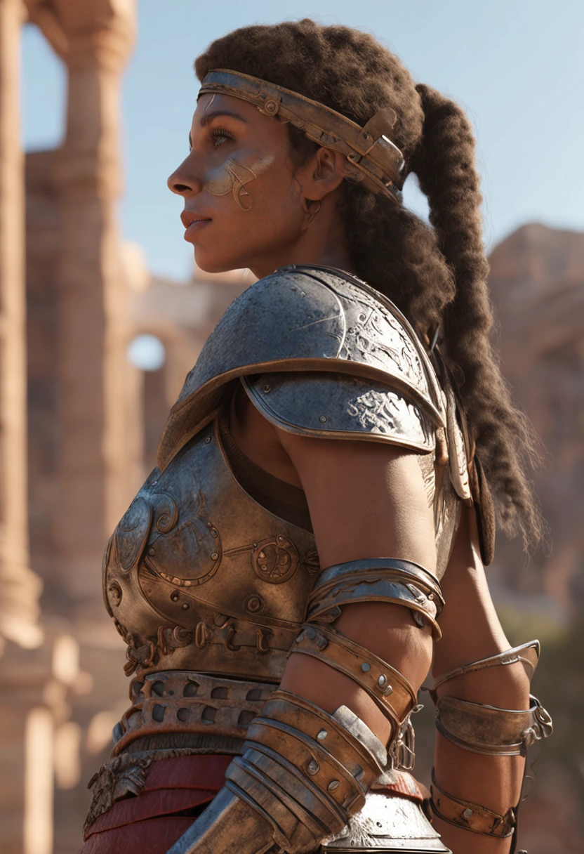 "(Accurately rendered lateral view:1.2, 1 female warrior, butt visible, intricate anatomical details:1.1, beautiful detailed mediterranean face, exposed armor, stunning beauty, parted lips, dynamic pose, Roman gladiator attire, enhanced level of detail:1.3)"