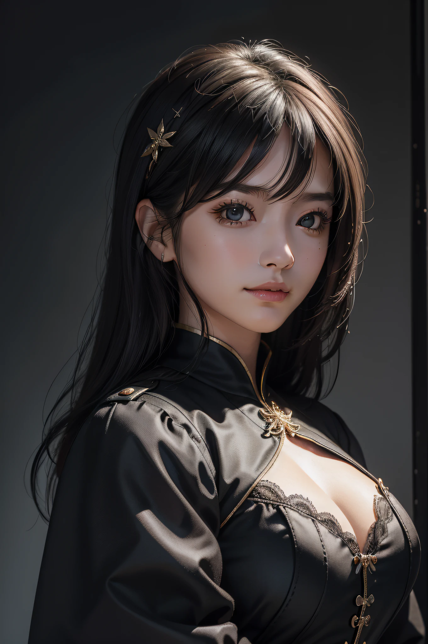 (Ultra Realistic), (Illustration), (Increased Resolution), (8K), (Extremely Detailed), (Best Illustration), (Beautiful and Detailed Eyes), (Best Quality), (Ultra Detailed), (Masterpiece ), ( wallpaper), (detailed face), solo, 1 girl, looking at viewer, fine details, detailed face, in the dark, deep shadows, low key, pureerosfaceace_v1, smiling, long hair, black shawl straight hair , 46 points oblique bangs