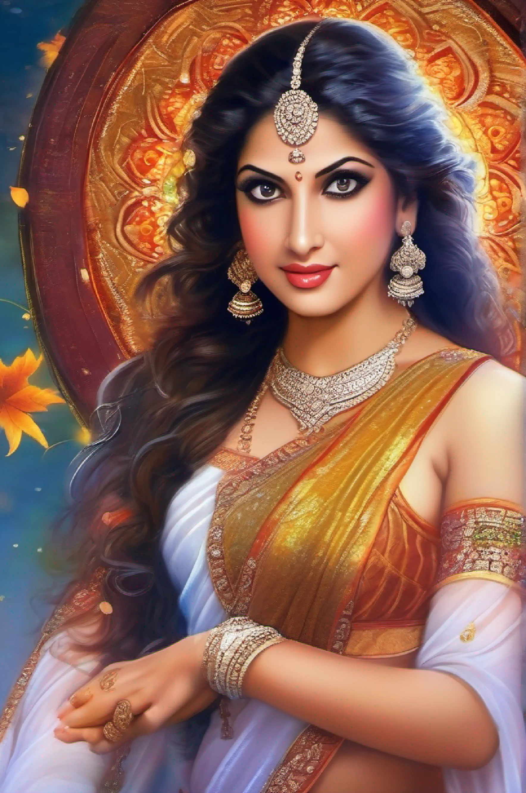 Benevolent ultra beautiful Goddess of enchantment, enchantress goddess who can enchant anyone with his beauty, a blue electric halo above her head, fire ball in one hand, a ball of cool spring and autumn airs in one hand, beautiful indian face, dove eyes, kajal eye liner eyes, gentle feautures, standing on a curve of wavy waters, smile as seducing someone, seductive body, cleavage visible, indian version of female cupid and goddess of seductive beauty