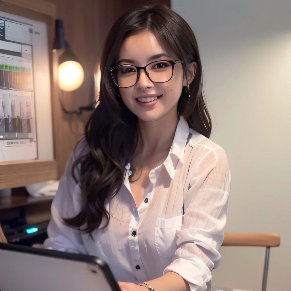 A girl with a better face is smiling in a white coat of Dalian Medical University，She wears a pair of black-framed glasses，The hair is straight and medium-length, with the collarbones，A lot of hair，