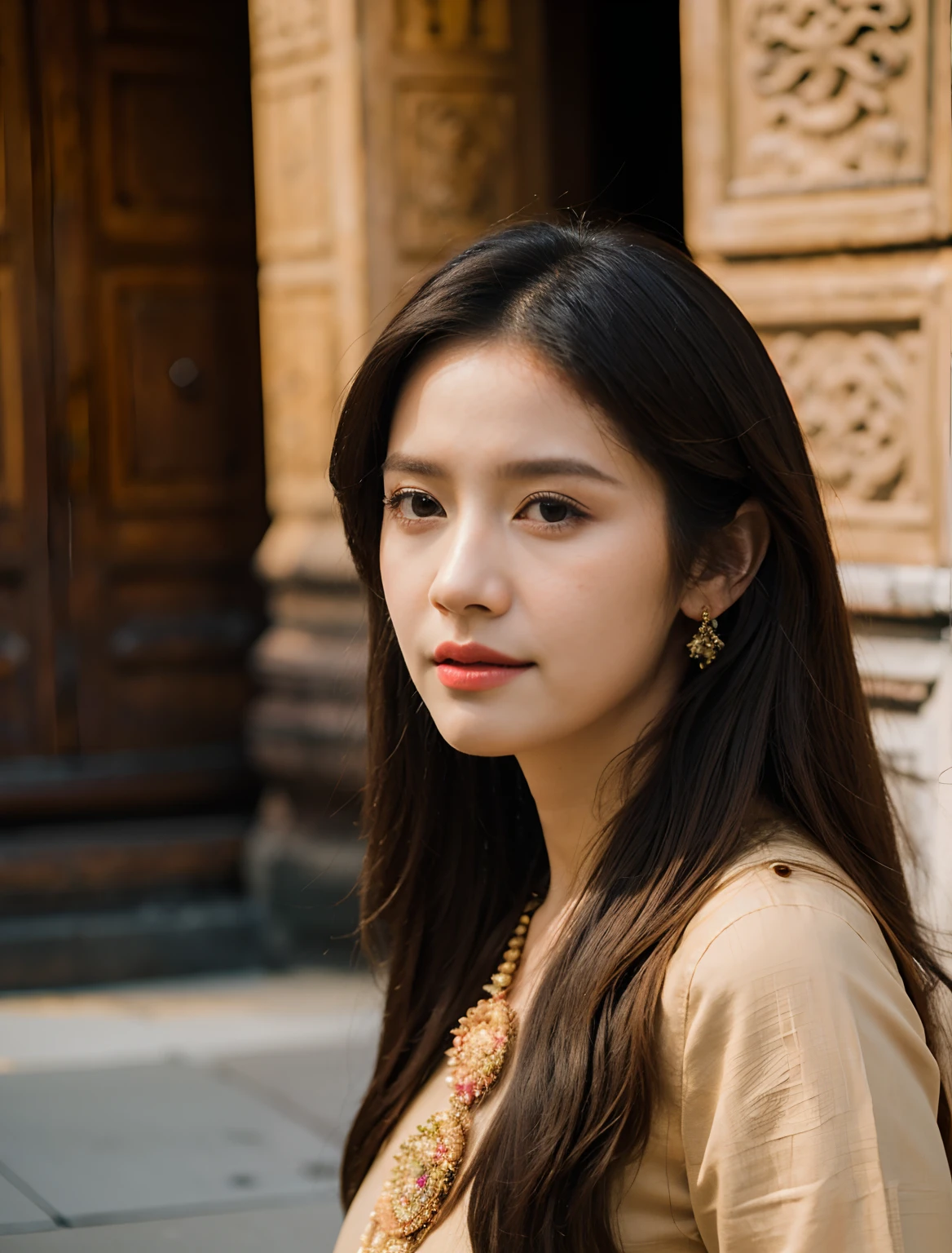 (10,masterpiece,There's nothing wrong with it., Realistic :1.3), bestquality, portrait , Realistic, face focus, 1 woman, brown long hair, Traditional Thai costume , ( comfortable:1.2), temple background, (breeze:1.2),(sun lighting:1.2)