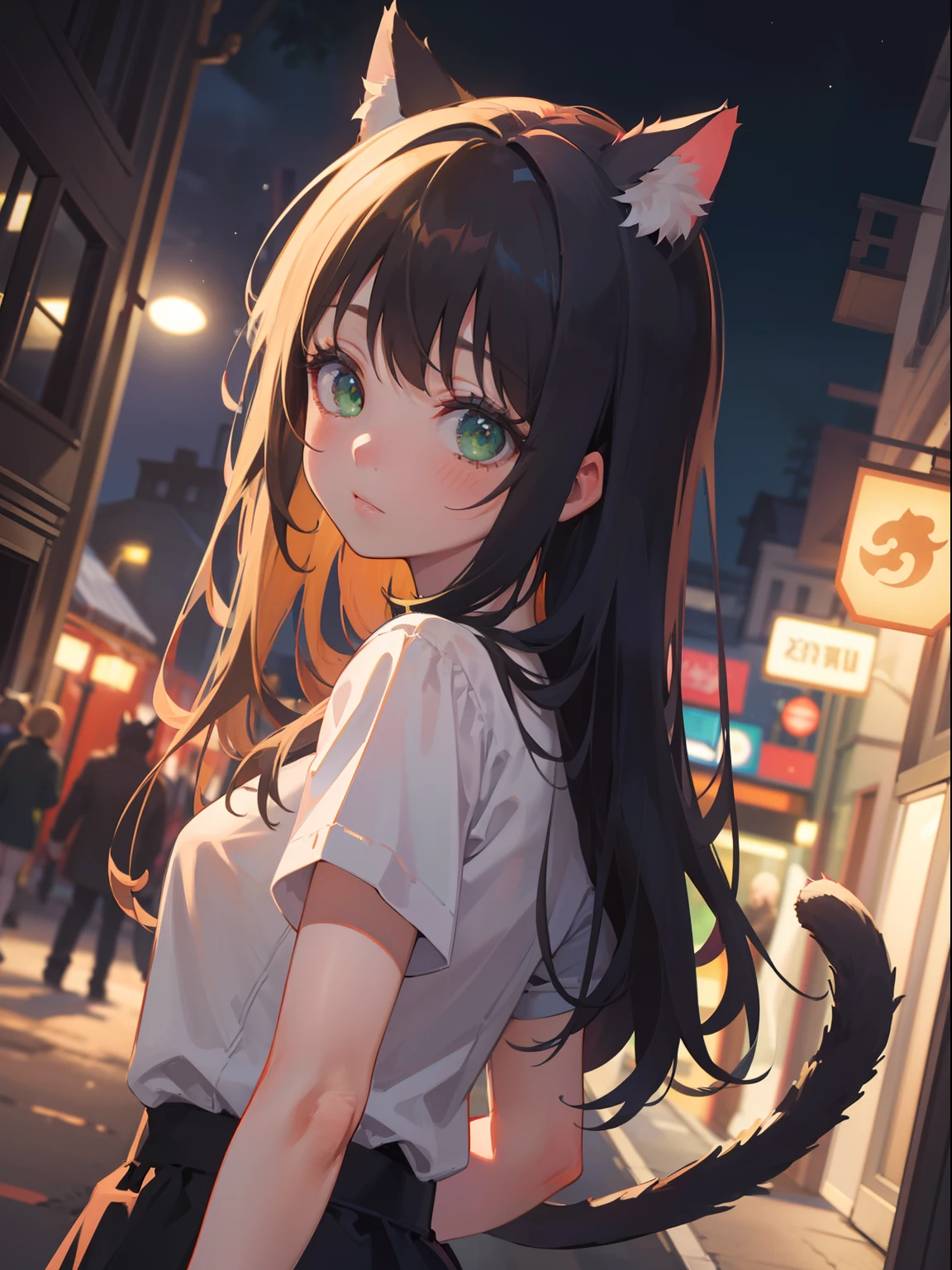 (masterpiece), (best quality), ultra high res, sharp focus, ((1 woman, solo)), upper body, dutch angle, beautiful detailed hair, chestnut brown hair, long hair tumbles down, beautiful detailed face, (cat ears:1.5), ((beautiful shape eyes, green eyes)), perfect feminine face, shy face, feminine light homey outfit, in the street, (at the night time:1.5), hiding from the viewer