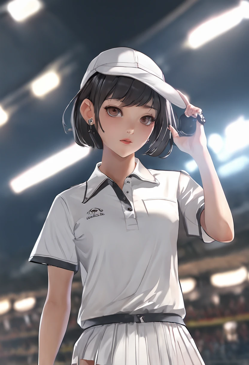 1girl, solo, white polo shirt, white sneakers, tennis wear, white mini skirt, masterpiece, best quality, realistic, ultra-detailed, (shiny skin, sweating: 1.4), ridiculous, looking at the audience, short black hair, brown eyes, slender, dynamic light and shadow, high resolution, sharp focus, depth of field, fine eyes, sharp pupils, realistic pupils, (big breasts: 3.0), (thigh thickness: 1.0), outdoor, sky